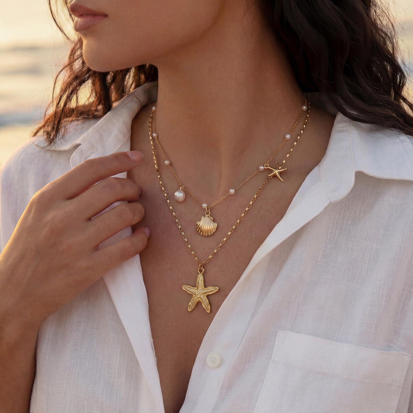 Shell Starfish Necklace for Women, Gold Plated Boho Layered Pendant Necklace with Pearl Conch Charm, Dainty Coastal Summer Beach Vacation Jewelry Gifts(Shell&Starfish)