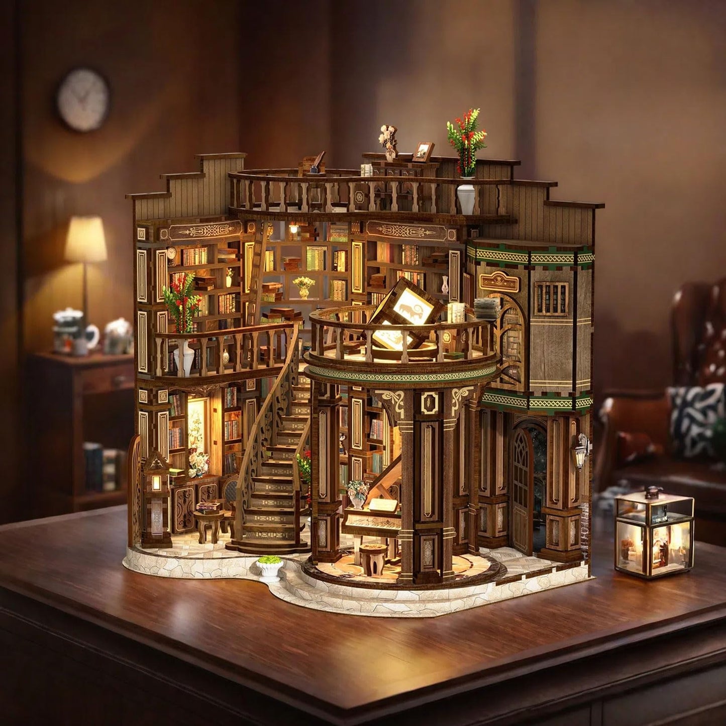 Kubelyx Library Book Nook Kit - DIY Miniature House Kit & Dollhouse Craft for Adults and Teens, 3D Wooden Puzzle with LED Light, Tiny Bookshelf Decor, Gifts for Family and Friends (Fantasy Library)