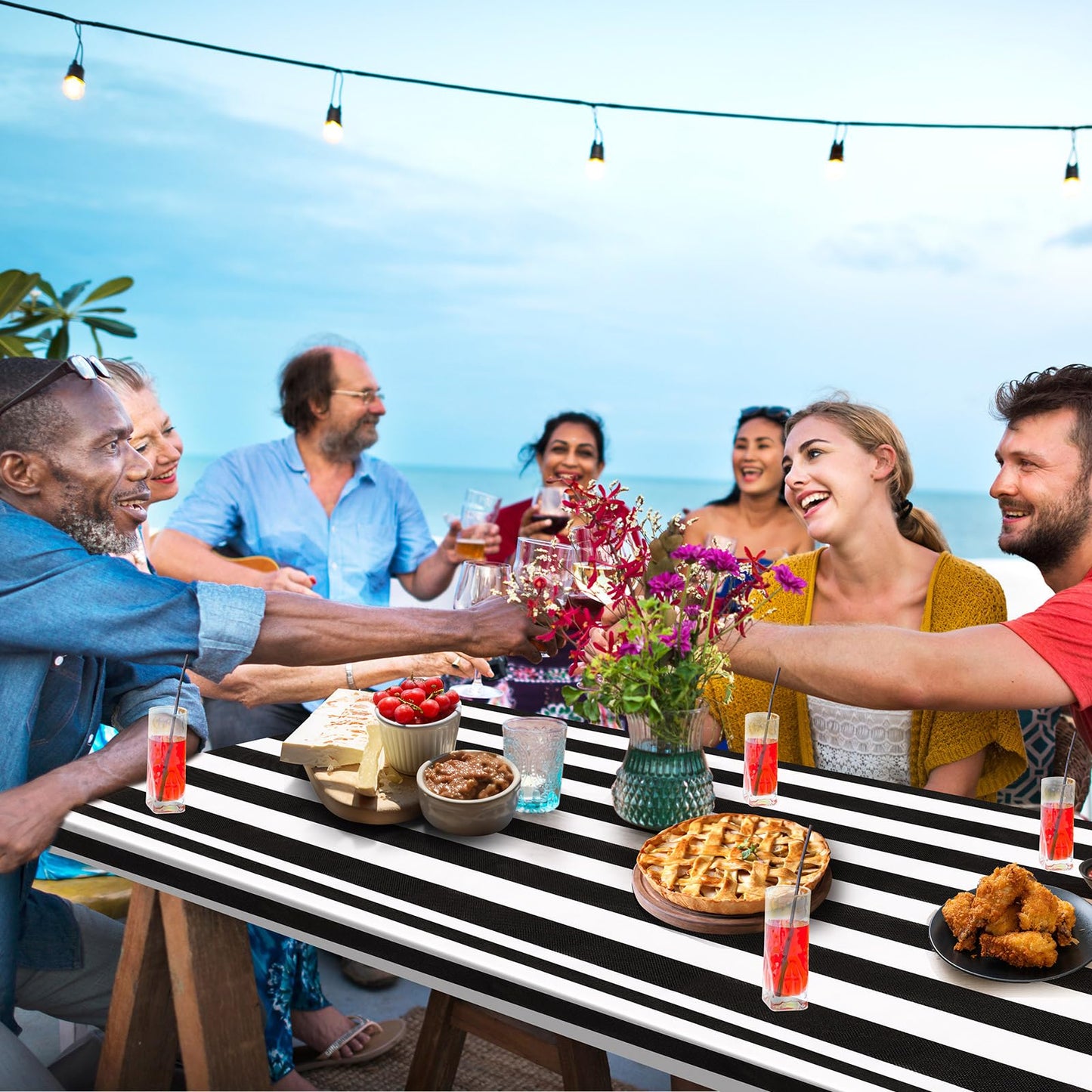 SmoothNovelty Picnic Table Cover with Bench Covers 72 x 30 Inch Waterproof Elastic Fitted Outdoor Stripe Tablecloth for 6 ft Rectangle Tables, School Camping Accessories Park(Black and White)