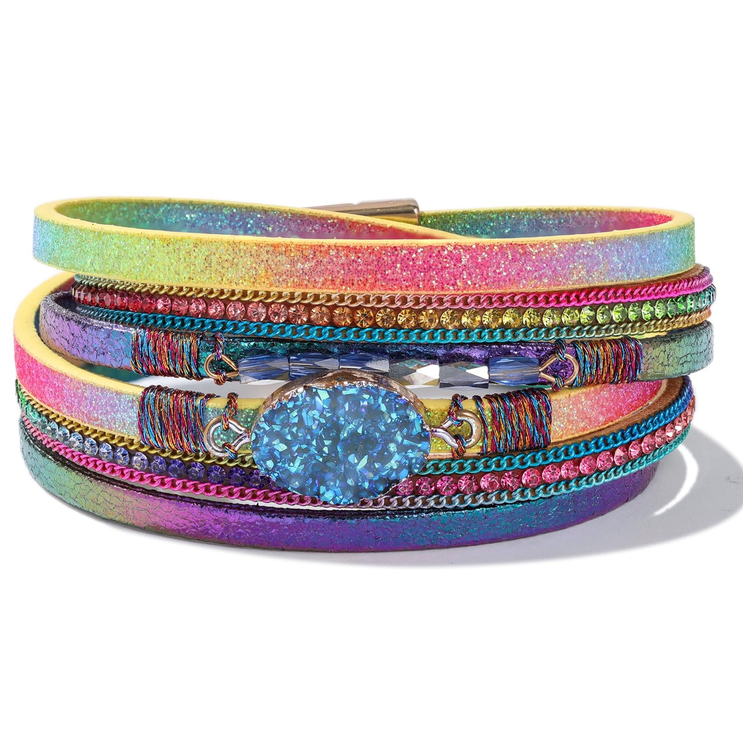 FANCY SHINY Boho Leather Wrap Bracelet Stackable Chunky Crystal Cuff Bracelets with Magnetic Clasp Cowboy Cowgirl Western Summer Beach Outfits Jewelry Gifts for Women (14.7", Rainbow)