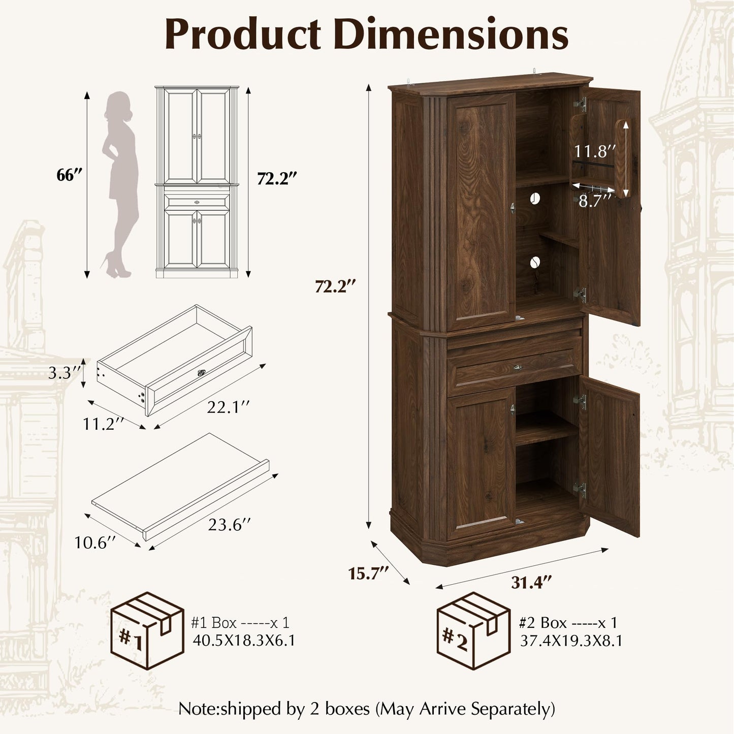 AMBERHAUS 72.2" Tall Kitchen Pantry Storage Cabinet with Doors, Farmhouse Storage Cabinet with Drawers, Adjustable Shelves and Pull-Out Shelves, Walnut Wood Pantry Cupboard for Kitchen, Dining Room