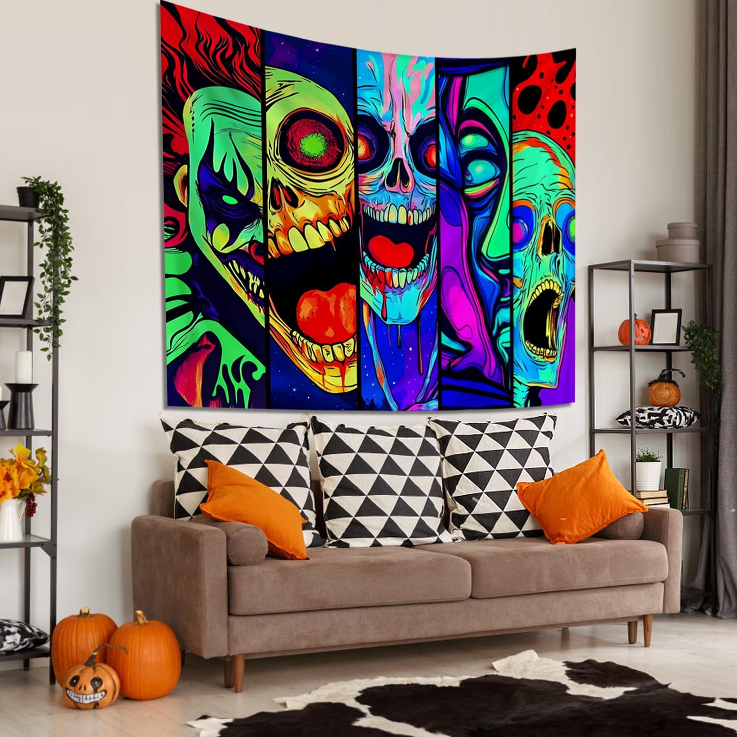 Apdidl Blacklight Halloween Horror Decor Tapestry for Bedroom, Black Light Posters Skull Face Scary Skeleton Funny Wall Art Tapestries，UV Reactive Glow in The Dark Party Wall Hanging for Living Room 51"X60"