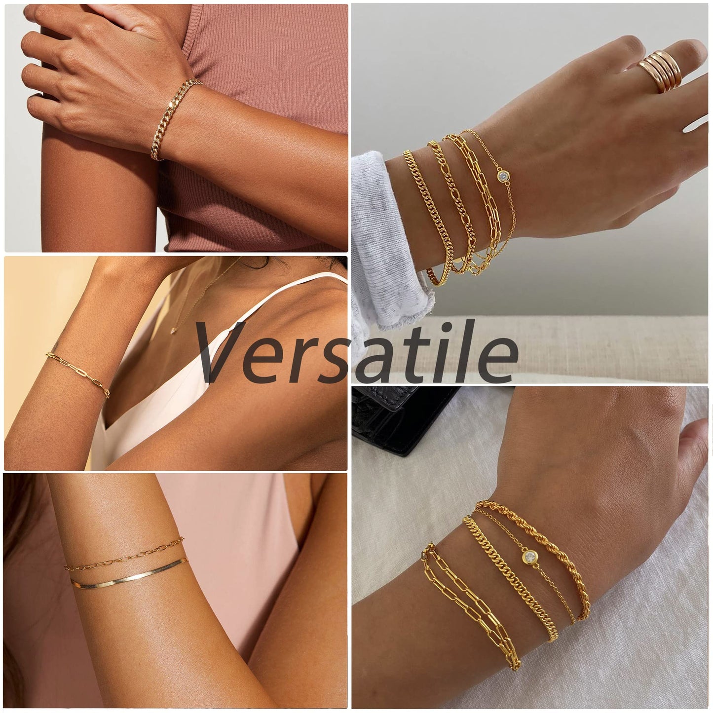 DEARMAY Gold Plated Bracelets for Women, 14K Real Gold Jewelry Set Cuban Link Beaded Chain Bracelets Figaro Paperclip Rope Herringbone CZ Bracelet Pack Gifts