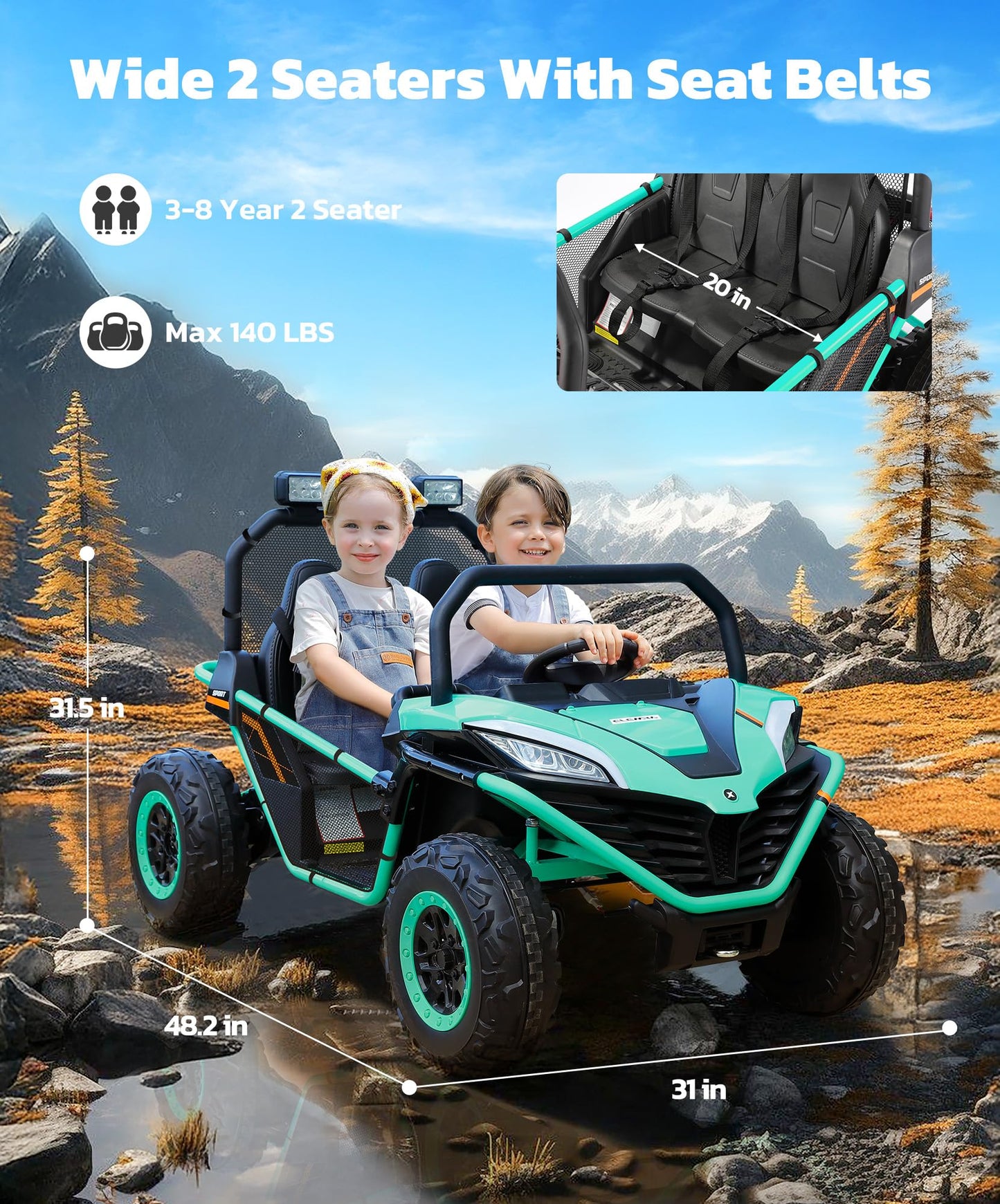 ELEMARA 2 Seater XL Ride on Toy for Big Kids,12V 10AH 4WD Ride on Car，Electric Vehicle Up to 4.5 MPH w/Remote Control, Bluetooth Music, LED Lights，3 Speeds for Boys Girls Gift，Green
