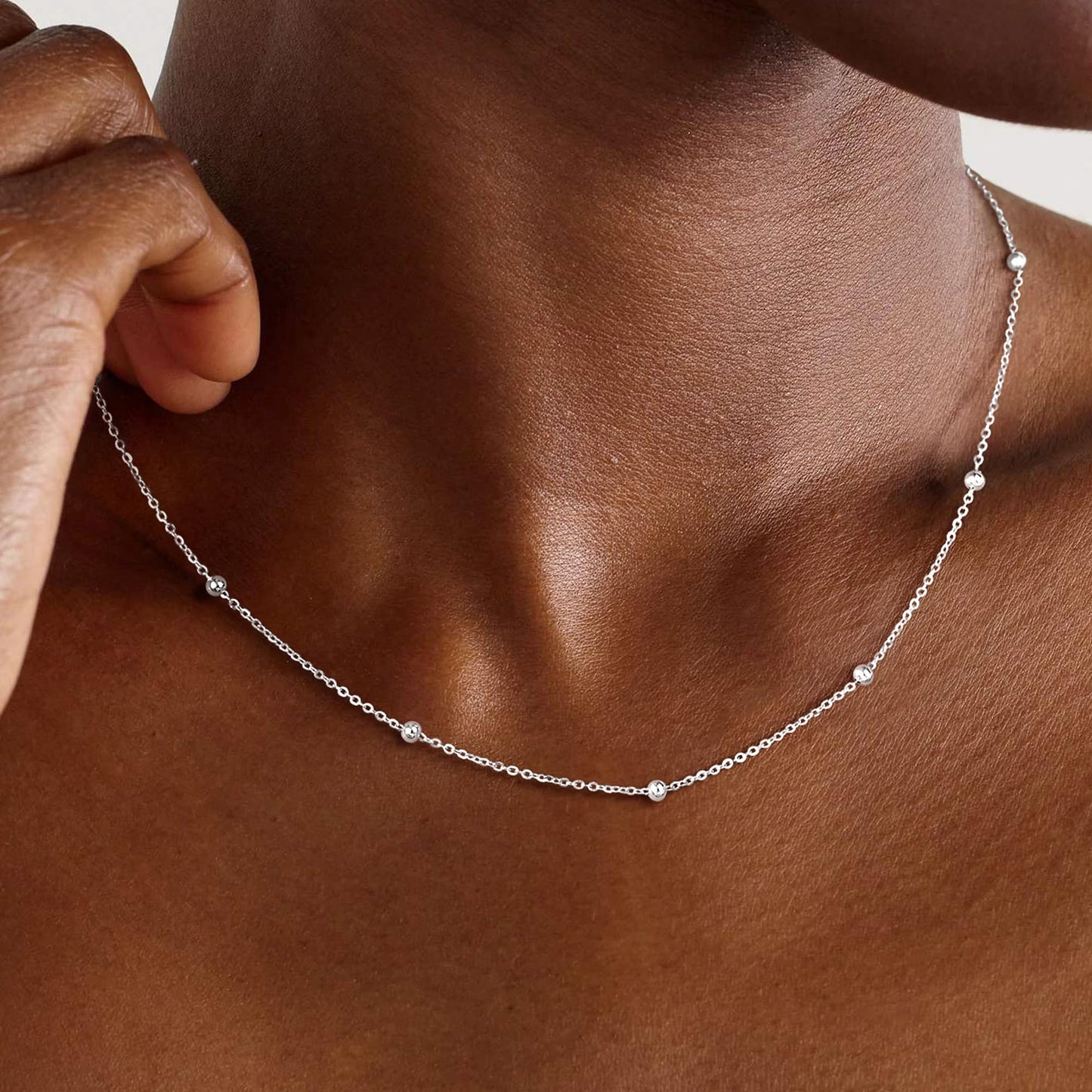 MBW 925 Sterling Silver Necklace for Women, Sterling Silver Beaded Chain Dainty Thin Choker Necklaces for Women Trendy Minimalist White Link Chains Necklace Waterproof Simple Small Cute Jewelry