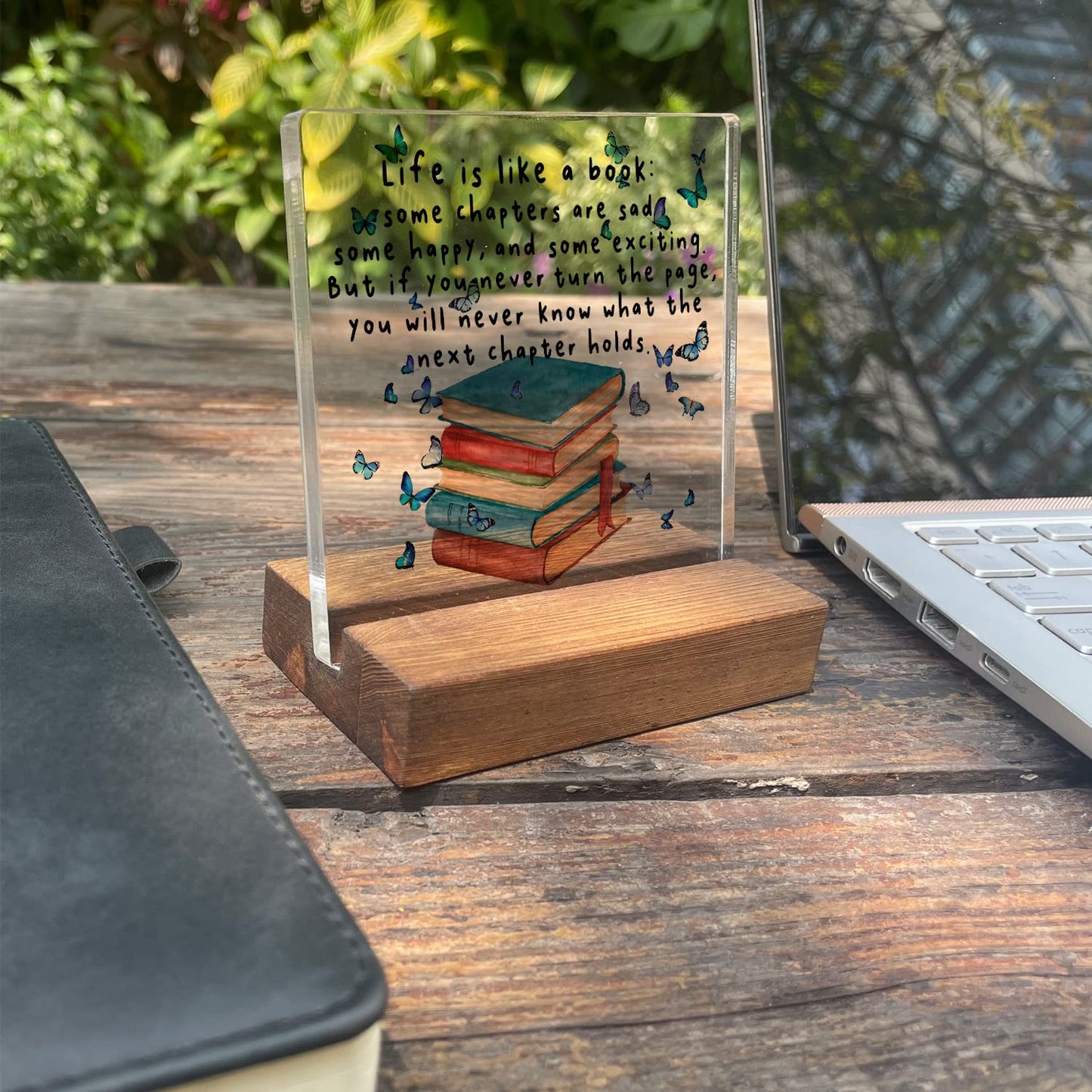 vizuzi Book Quote Home Office Desk Decor Sign Inspirational Book Lover Gift Butterfly Acrylic With Wooden Stand Sign for Book Lover Cowoker Sister Women Friends Gift