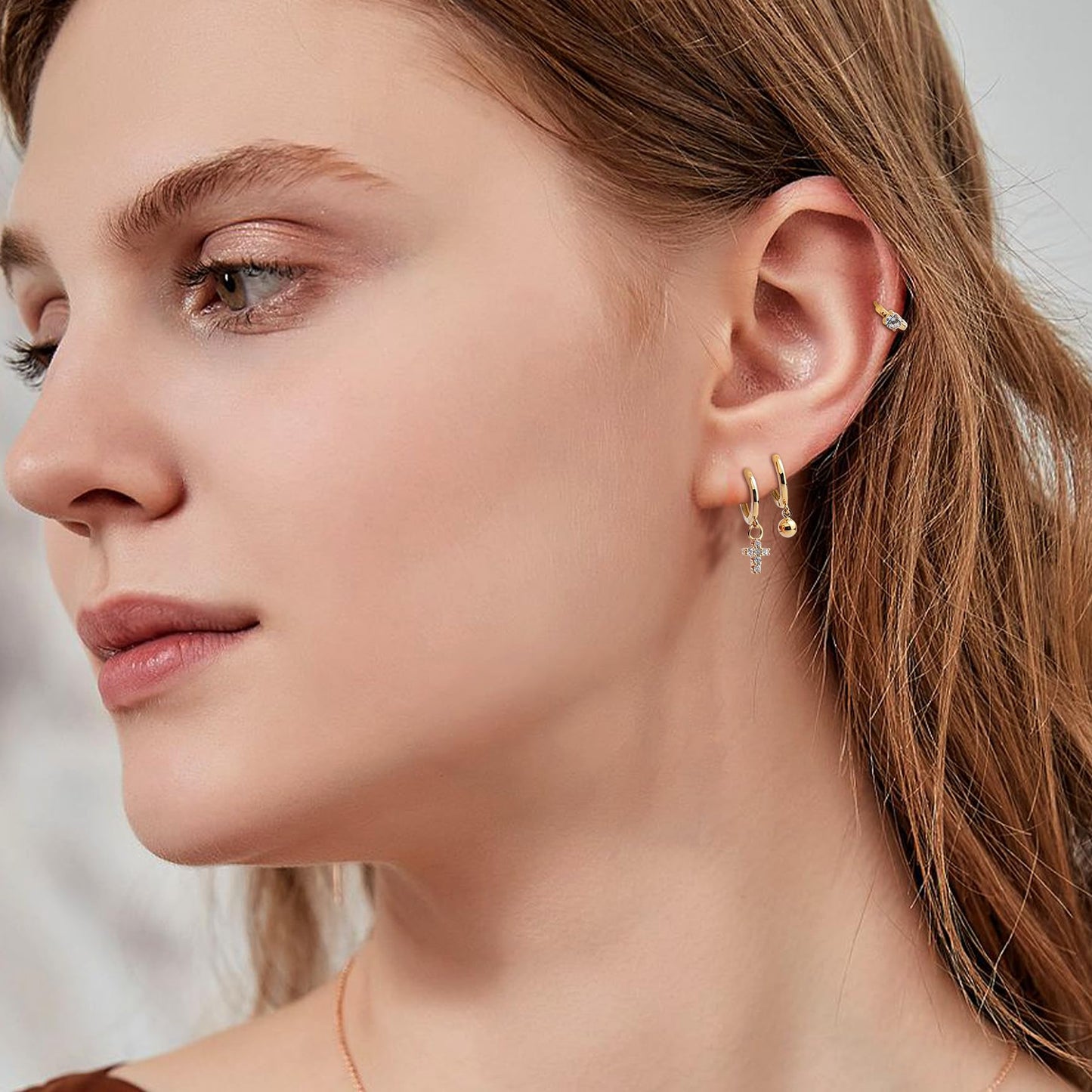 Frigotine 3PCS Gold Ball Cross Butterfly Dangle Small Hoop Earrings Stack Set for Woman, Dainty Rhinestone CZ Drop Multiple Piercing Cartilage Huggie Earing Wedding Prom Fashion Jewelry Gifts