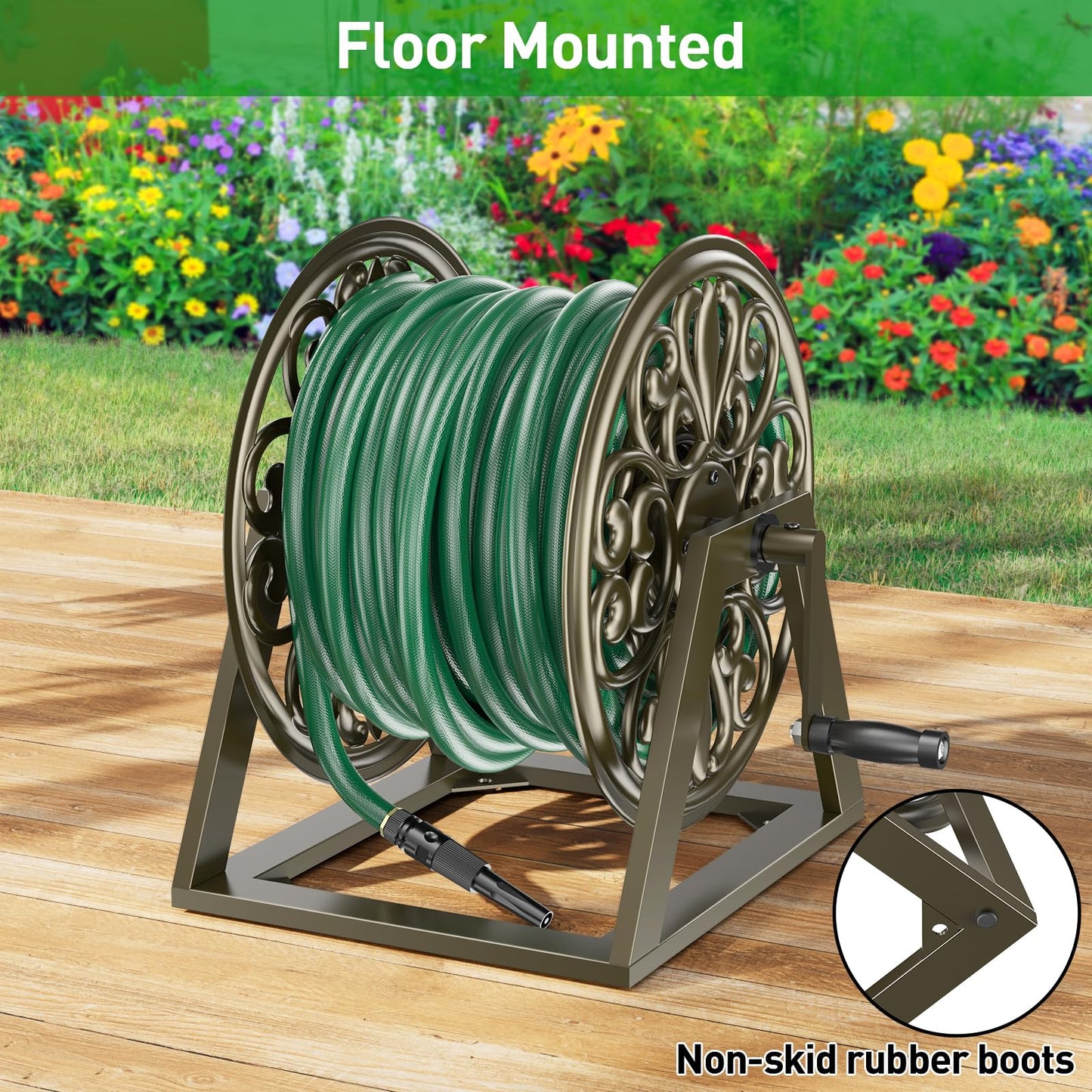 GOFORWILD Garden Wall/Floor Mount Hose Reel, Decorative Hose Reel, Garden Heavy-Duty Water Hose Holder Winder, Holds 200-Feet of 5/8-Inch Hose