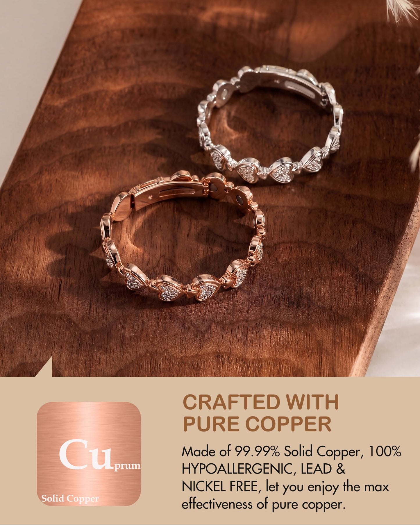 Feraco Pure Copper Bracelets for Women, Ultra Strength Magnetic Bracelet for Women with 3800 Gauss Magnet & Dazzling Austrian Crystals Stone, Heart-Shaped (Silver, 7.68 inches (19.5cm))