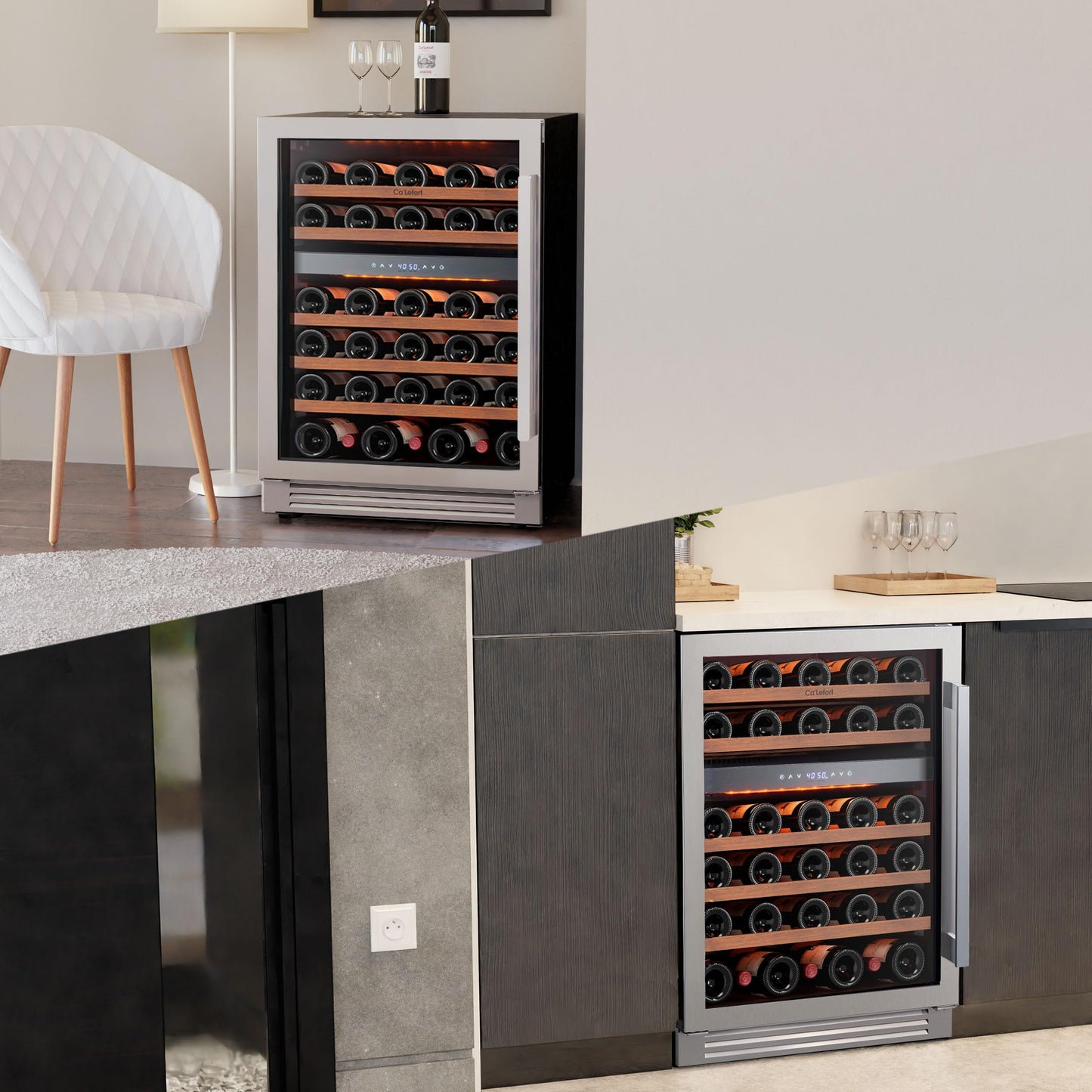 Ca'Lefort 24 Inch Wine Fridge Refrigerator - 52 Bottles Dual Zone Cooler with Glass Door, Built-in Compressor Fridge with 3 LED for Home Office Bar Left-Hinged Door (5.65 cu.ft)