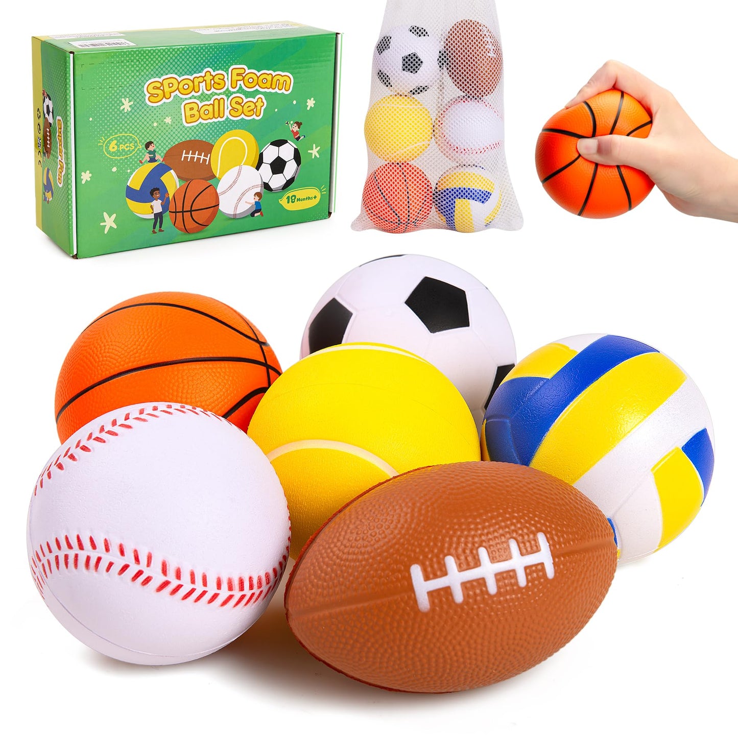 Innotoys Balls for Toddlers Babies, Soft Baby Toys, 6 Pack 3.5" Foam Balls Kids Sports Set, Small Soccer Basketball Baseball Football Volleyball Tennis, Indoor Outdoor Toys Games Gifts for Boys Girls