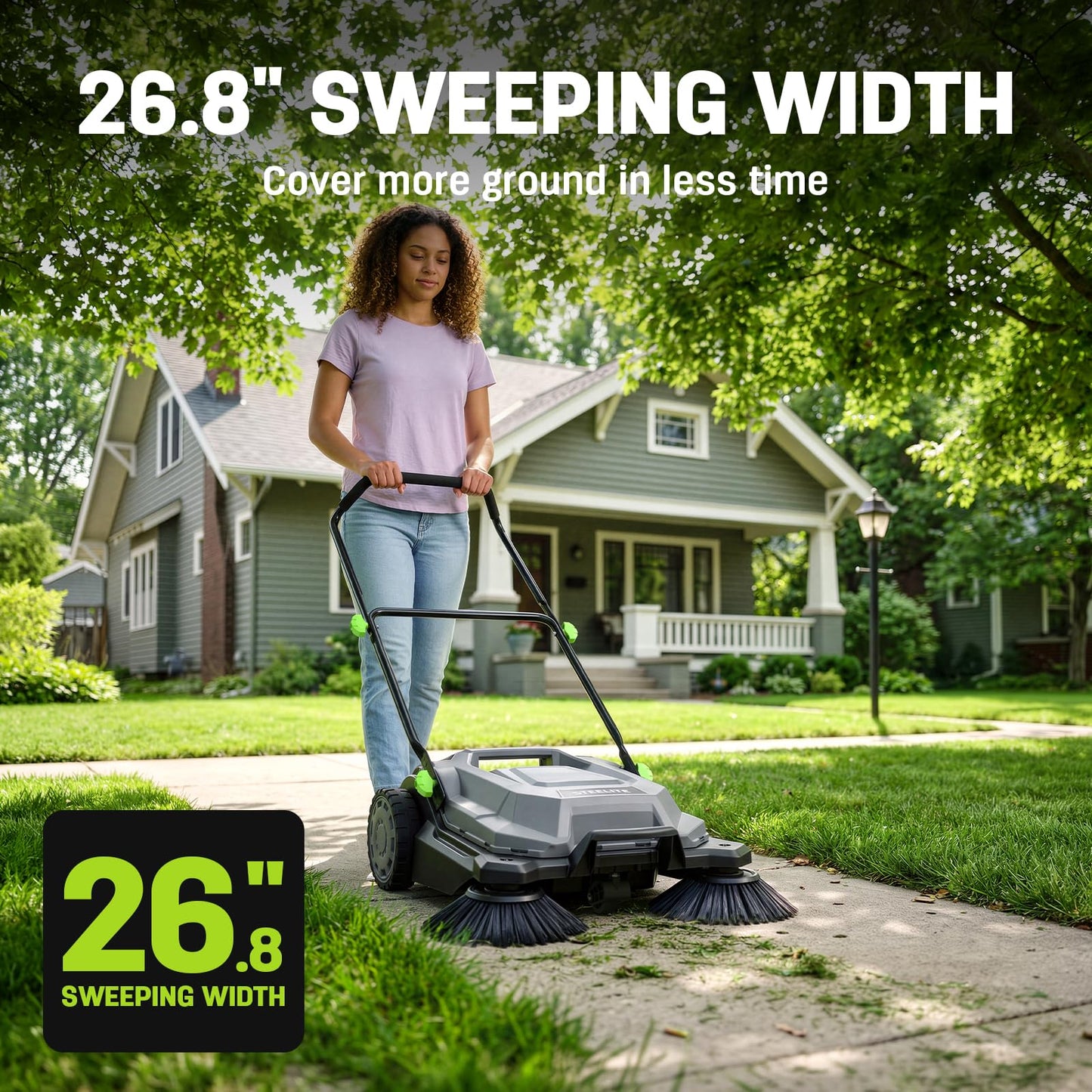 STEELITE Walk-Behind Hand Push Floor Sweeper, 26.8" Sweeping Width Floor Sweeper Manual Non-Electric, 6.35 Gal Waste Container, Angle & Height Adjustable Folding Handle for Walkway, Yard and Patio