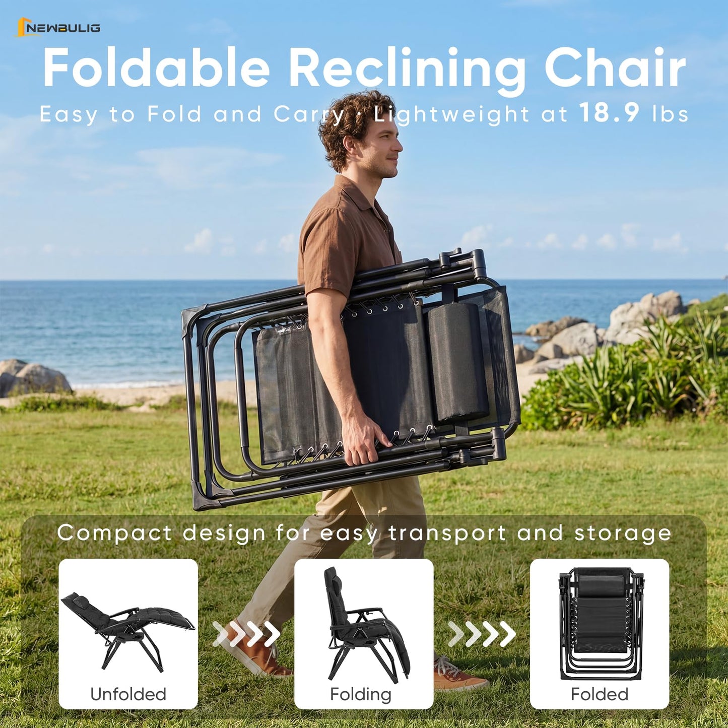 NEWBULIG Zero Gravity Chair, Folding Patio Recliner with Removable Cushion & Cup Holder Trays, Portable Lounge Chair for Beach & Camping, Classic Black