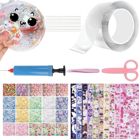 40 Pcs Nano Bubble Tape Kit with Balloon Inflator, Double Sided Tape Plastic Bubbles Balloon, Elastic Nano Bubble Tape DIY Craft Kit for Girls, Boys, Kids Party Favors and Novelty Toys