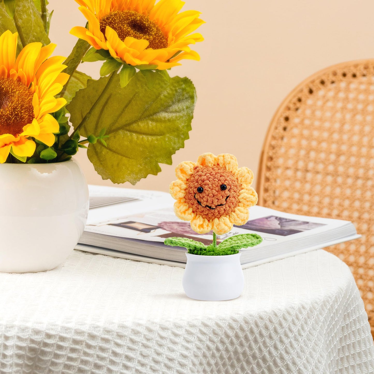 LAIDANLA Golden Yellow Crochet Sunflower Funny Positive Thank You Small Gifts for Women Teacher Coworkers Friends Cute Encouragement Appreciation Crochet Flowers Pot for Office Desk Decor