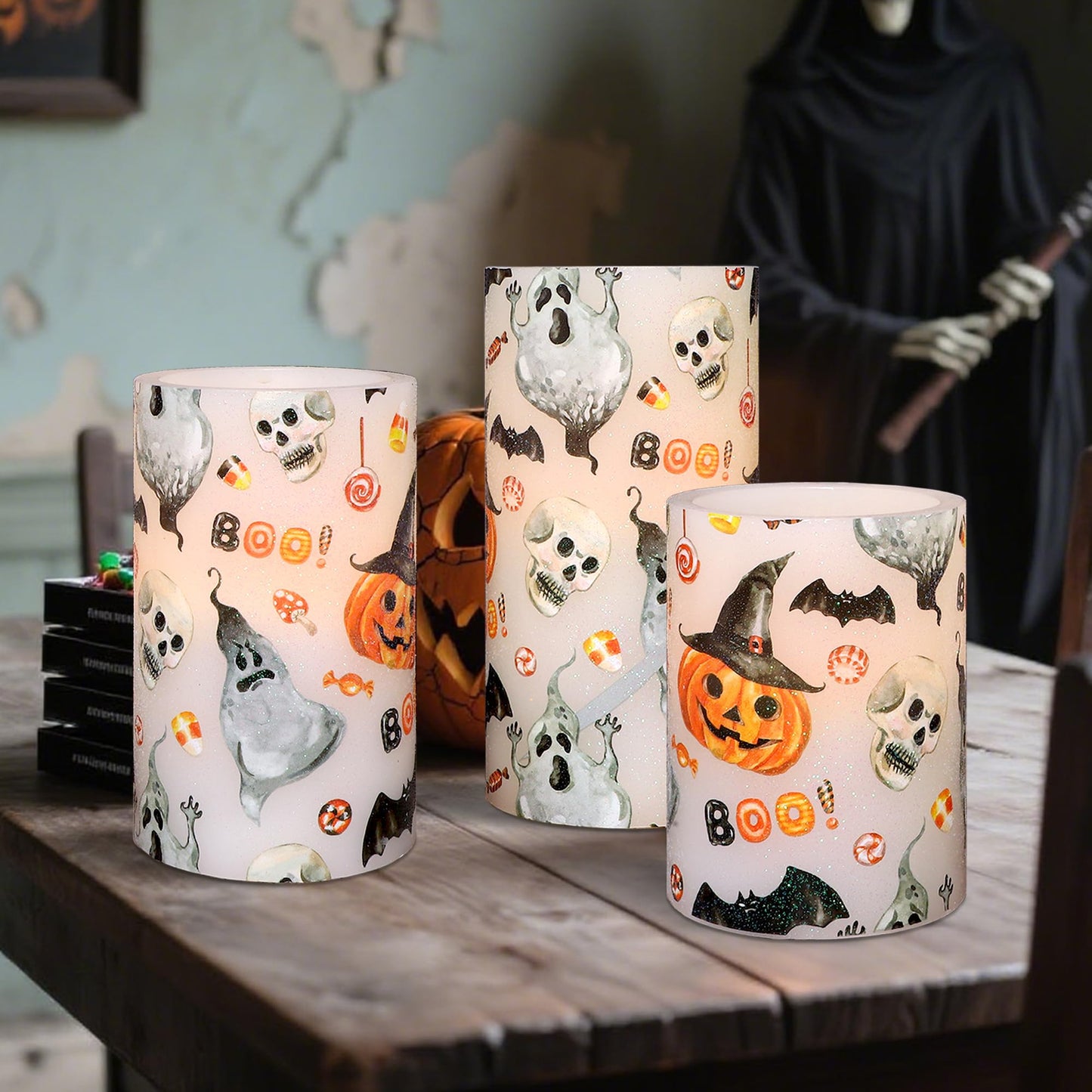 Halloween Ghost Flameless Candles with Remote Timer Cute Cartoon Pumpkin Skull Bat Battery Operated Real Wax Flickering LED Pillar Candle Horror Spooky Decoration for Halloween Home Party House Gifts