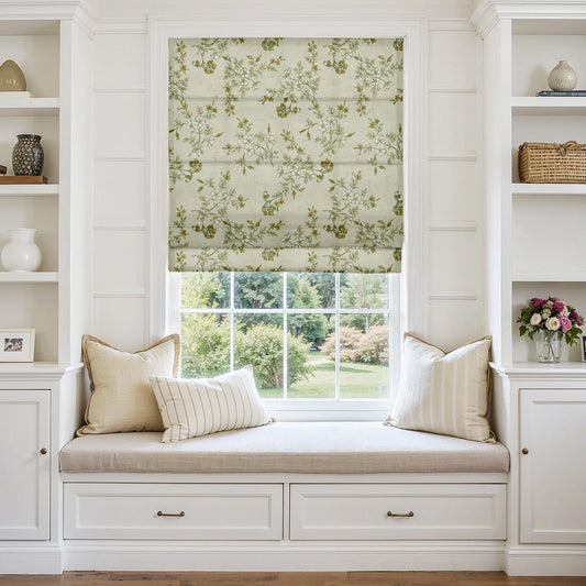 TWOPAGES No Drill Cordless Vintage Floral Print Roman Shades Linen Textured Roman Blinds for Windows, Custom Made Room Darkening Light Filtering Roman Window Shades, Porcelain, 1 Piece