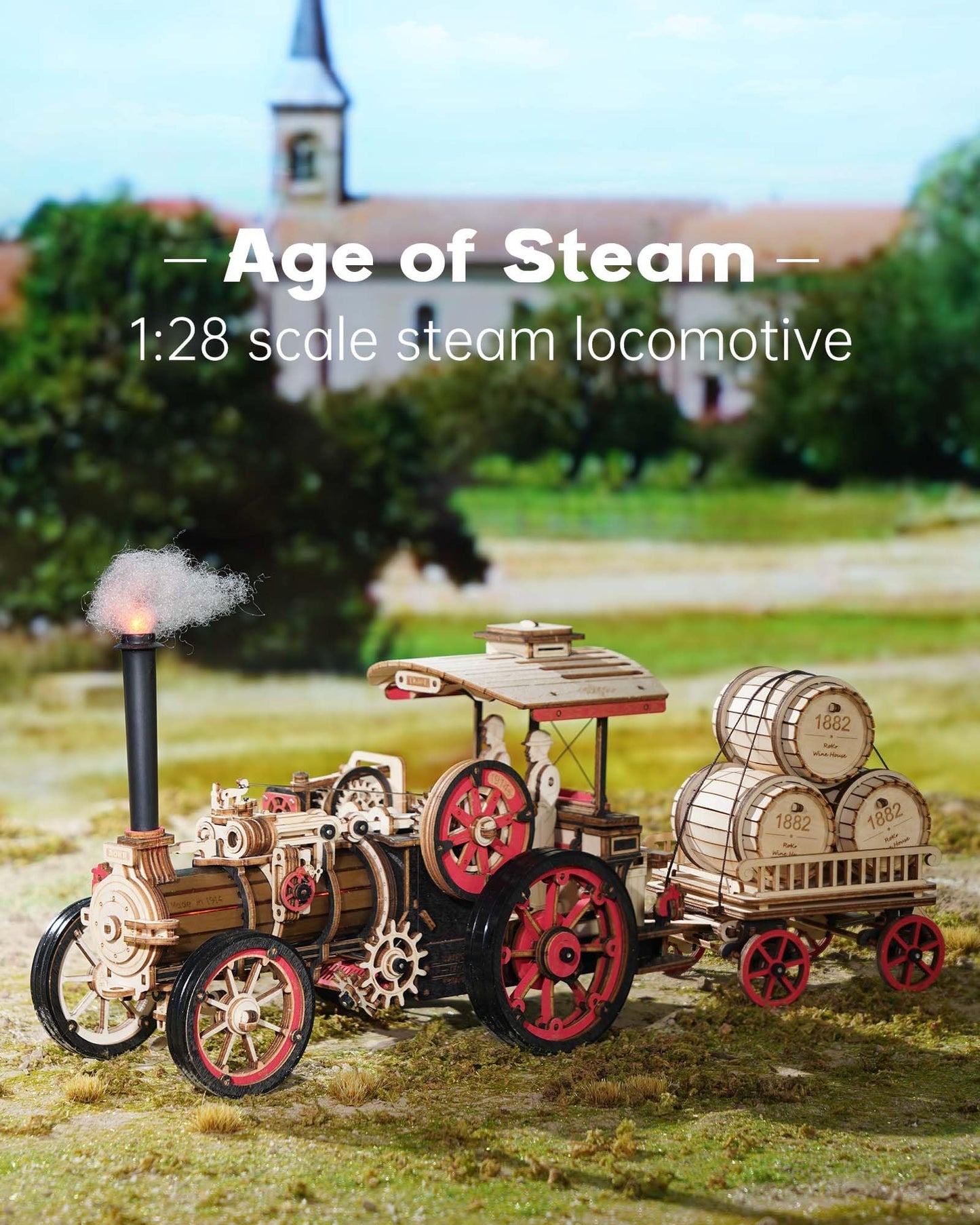 ROKR 3D Puzzle for Adults 469pcs Electric Vintage Car Steam Engine Model Kits, Mechanical Wooden Assembly Puzzles Vehicle DIY Hobbies Christmas Gifts for Men Women
