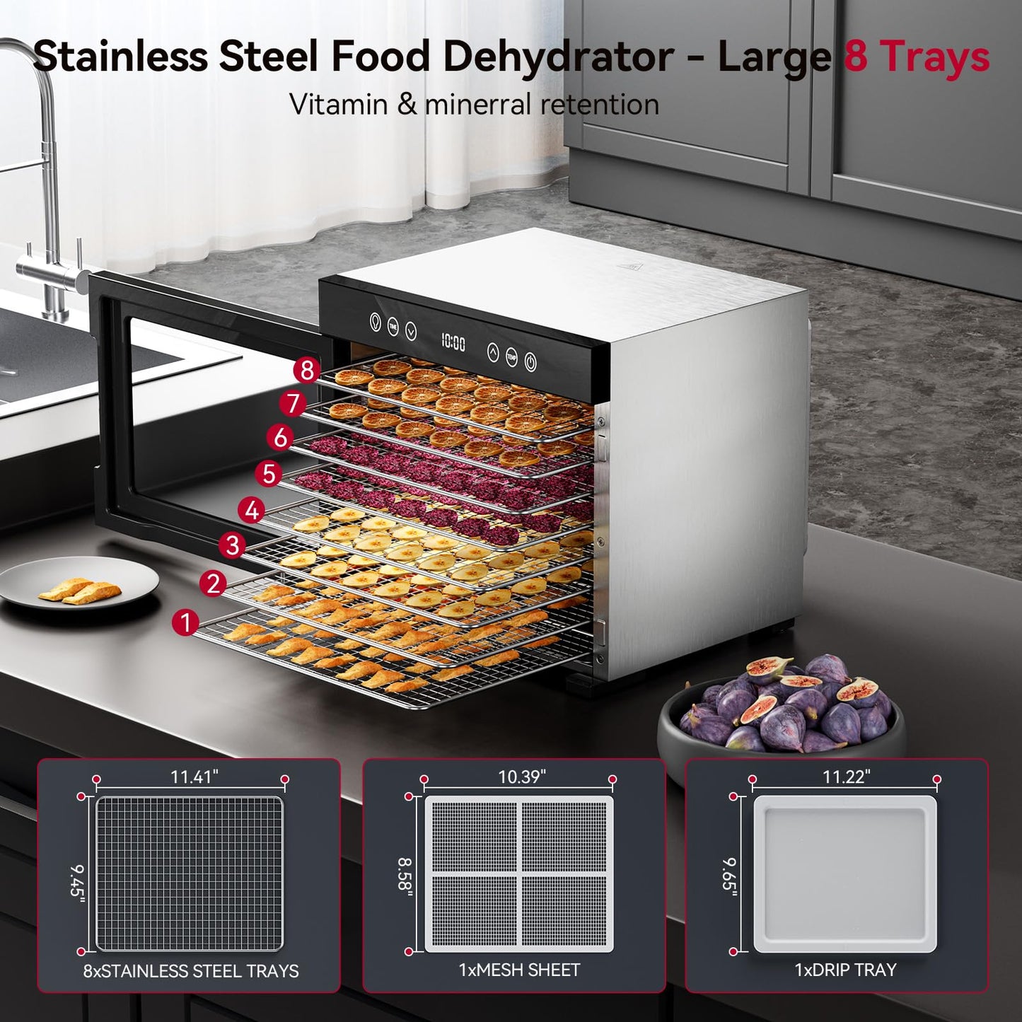 Food Dehydrator, Fruit Dryer Machine with Adjustable Timer & Temperature, 8 Stainless Steel Trays, Quiet Operation, 650W Powerful Dehydrator for Jerky, Fruits, Herbs, Dog Treats