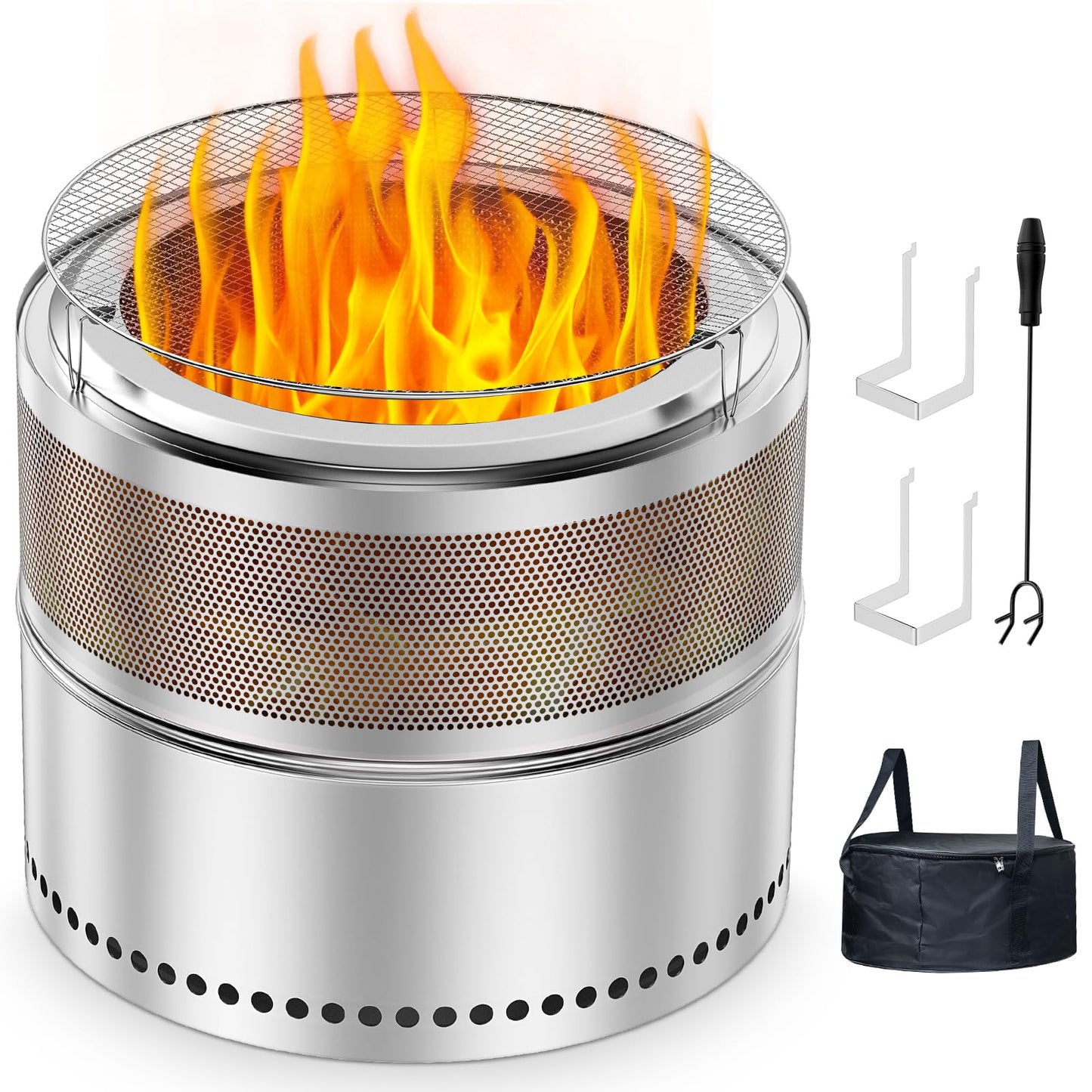 Smokeless Fire Pit with Grill Grate 20 Inch, Portable Stainless Steel Smokeless Firepit, Wood Burning Low Smoke Camping Fire Pit with Ash Pan & Carrying Bag, 360° Airflow, 16.5 lbs for RV & Patio