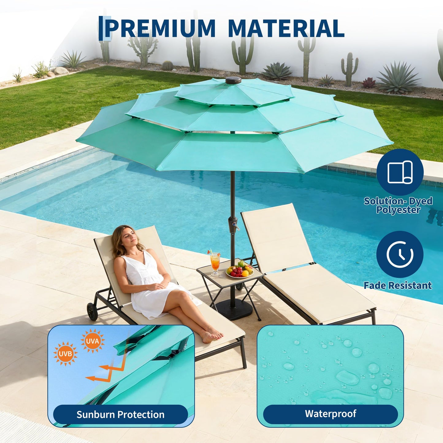 JoanKaren 3 Tier Patio Umbrella with Light, 9ft Outdoor Patio Umbrella with Vented Top, 24 LED Solar Lights, Easy Crank and Push Button Tilt, 8 Sturdy Ribs, for Pool, Deck, Yard, Garden, Light Blue