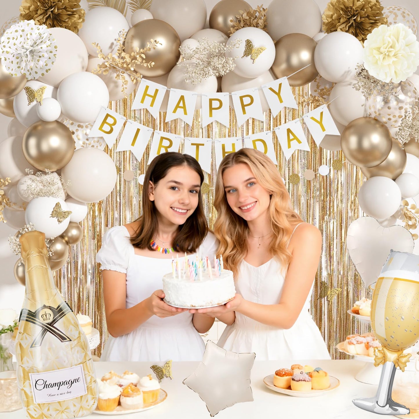 Ouddy Life White Gold Birthday Party Decorations Kit for Women Girls, Happy Birthday Banner, Sand White Metallic Gold Foil Confetti Balloons, Fringe Curtain, Cake Topper, Pompoms, Butterfly Supplies