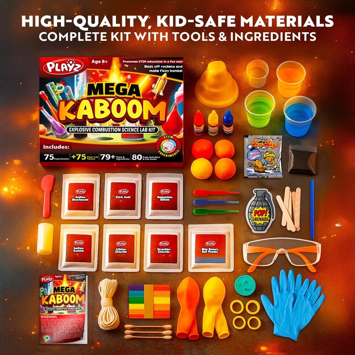 Playz Mega Kaboom! 150+ Explosive Science Experiments Kit for Kids Age 8-12 with 75 App & Video Guided Experiments - Chemistry Set STEM & Educational Toys & Gifts for Boys, Girls, Teenagers & Kids