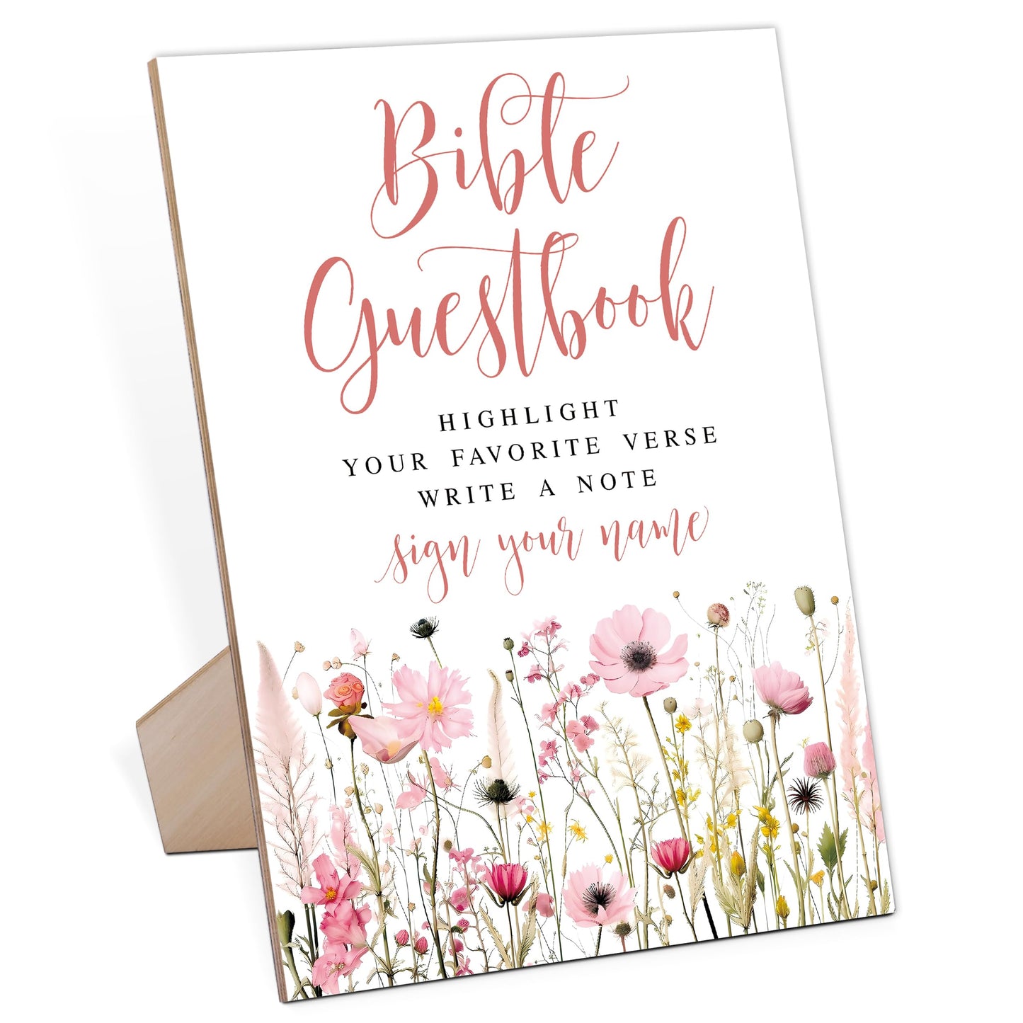 Wedding Bible Guest Book Sign, Pink Flower Style Wooden Sign With Stand, Guest Book Alternative, Bridal Shower Centerpieces For Tables, Wedding Reception Decorations, Engagement Party Decoration-17