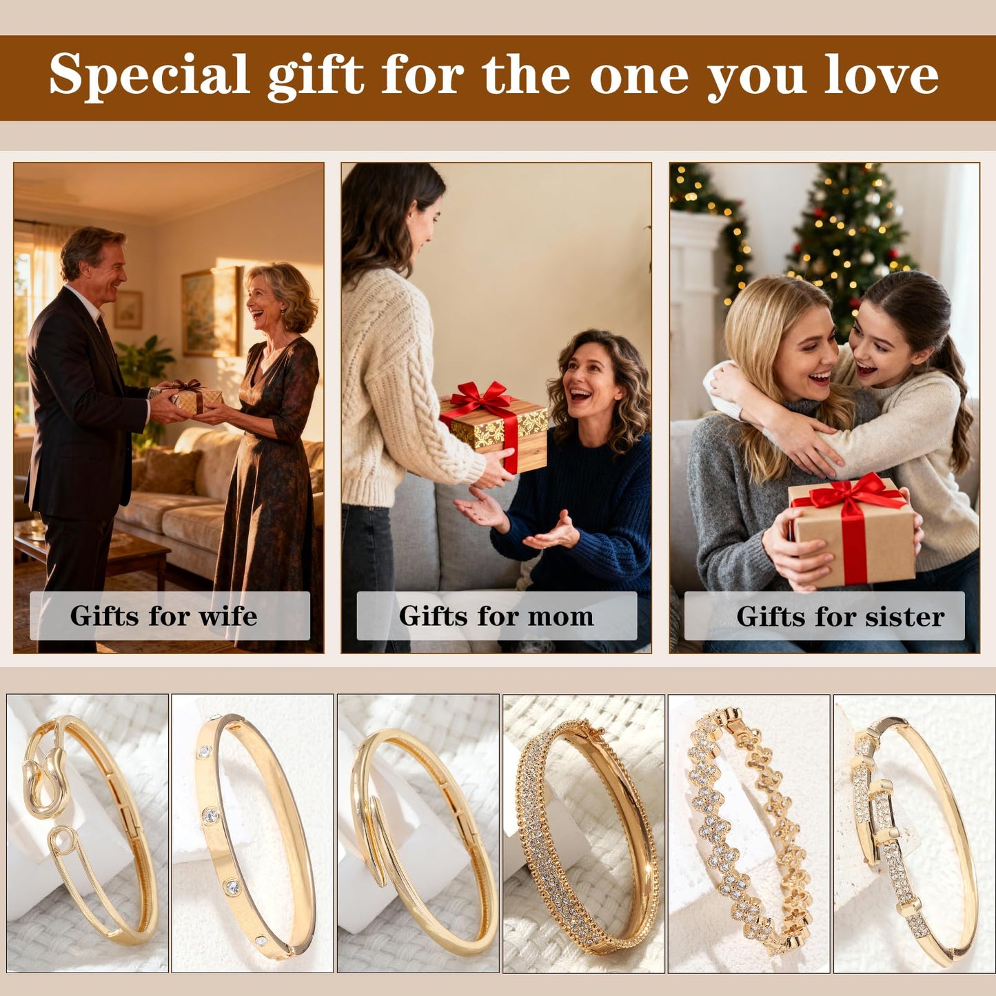 6-Piece 18K Gold Plated Bangle Bracelet Set for Women - Clover, Rivet & Safety Pin Designs, Stackable Trendy Jewelry, Zinc Alloy with Rhinestones, Tarnish & Oxidation Resistant, Gift for Her, Girlfriend, Wife, Mom, Sister, Lover on Birthday, Christmas, Va