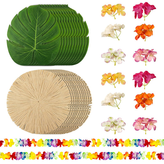38PCS Hawaiian Tropical Party Decorations, Luau Placemats and Palm Placemat, Round Luau Fringe Place Mats Hibiscus Flower Simulation Artificial Leaf Birthday Party Supplies Table Decor