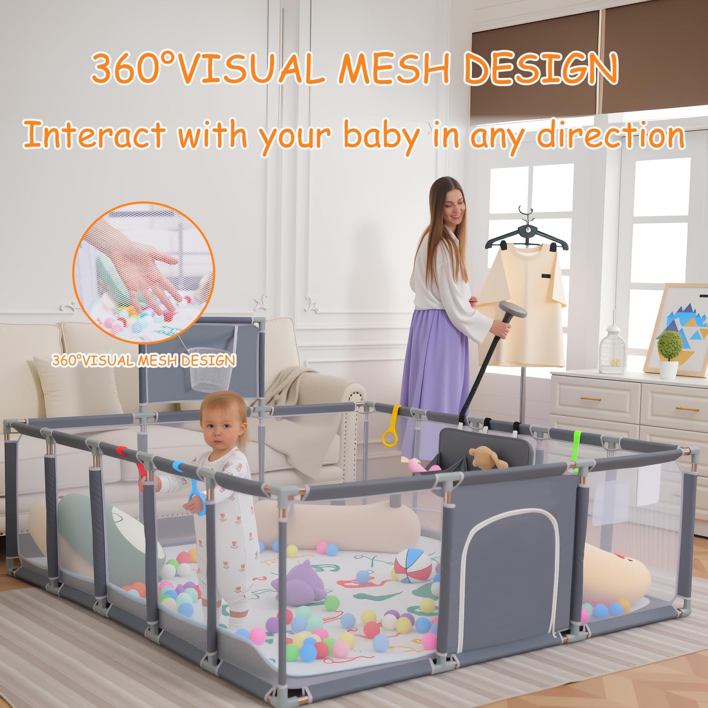 Baby playpen, 79"x71"Baby Playpen with Mat Indoor＆Outdoor Playpen for Babies and Toddlers with Breathable Play Pen with Ocean Balls Hanging Pocket Basketball Hoop (Gray)