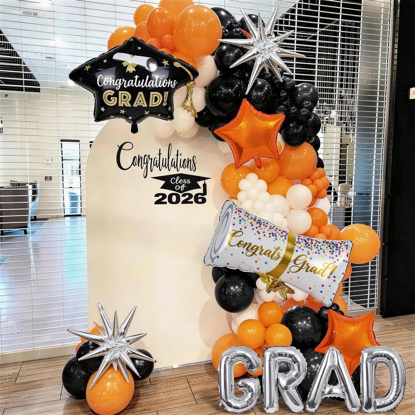 Orange Graduation Balloons Garland Arch Kit, 117PC Orange Black White Graduation Star Print Certificate Grad Foil Balloon with Silver Explosion Star Balloon for Graduate Class of 2026 Prom Party Decor