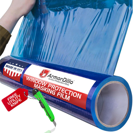 ArmorDillo Blue Window Protection Film| 29.96/Roll (5 Rolls/case,1 case), 24" x200'. Temporary Self-Adhesive Glass Cover, Masking, 45-Day UV-Resistant, Window & Surface Protection| Construction Wrap
