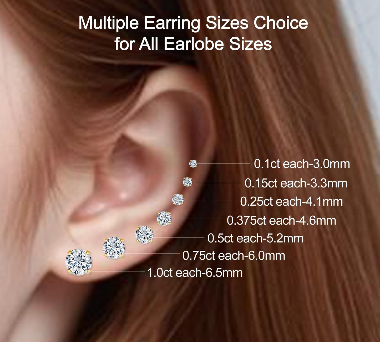 Lab-Grown Diamond Stud Earrings in Hypoallergenic 925 Sterling Silver, Screw Back, 1/5 to 2 1/2 Cttw, Round Princess Cushion Cut, 4 Prong, G-H Color, SI Clarity (14k Yellow Gold Plated, 0.2 cttw (0.1ct each)-3.0mm, White Round Diamond)