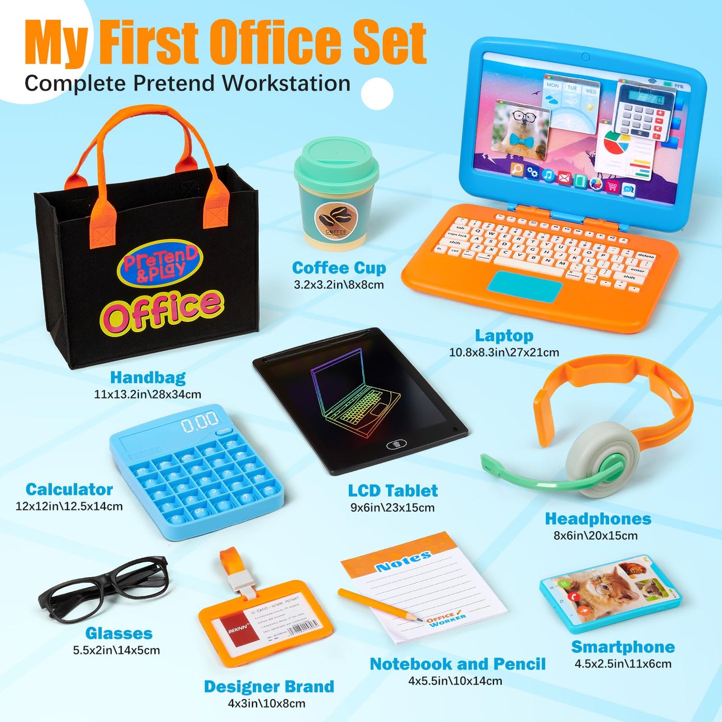 Cleboen Pretend Play Home Office Set for Kids — Toy Laptop Computer, LCD Writing Tablet, Pop Fidget Calculator, Phone, Headset, Glasses, Coffee Cup & Handbag, Birthday Gifts for Boys Girls Age 3-5-7