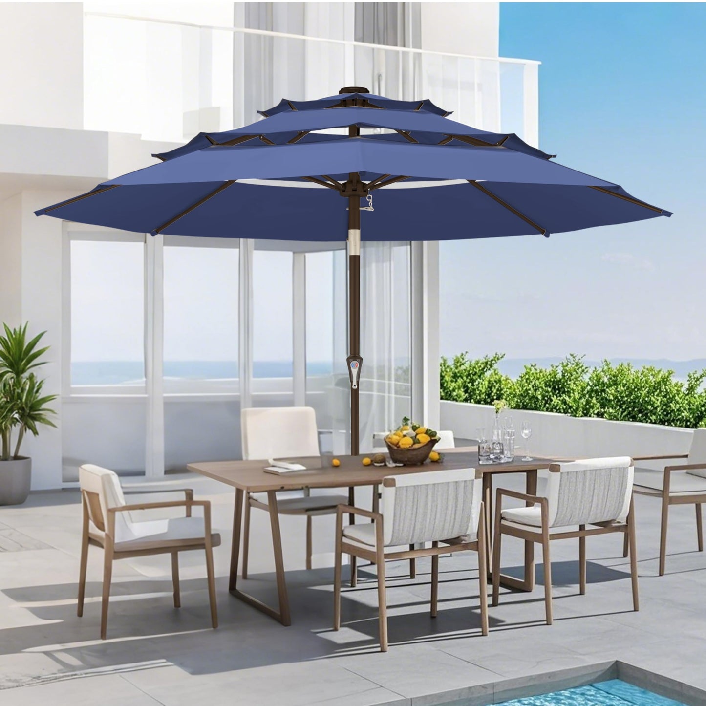 Ayge 9FT 3-Tier Large Outdoor Patio Umbrella Market Table Umbrella-UV Resistant,Easy Push Button Tilt and Crank,8 Sturdy Fiberglass Ribs Heavy-Duty Pool Umbrella for Deck,Backyard,Garden,Yard,Navy
