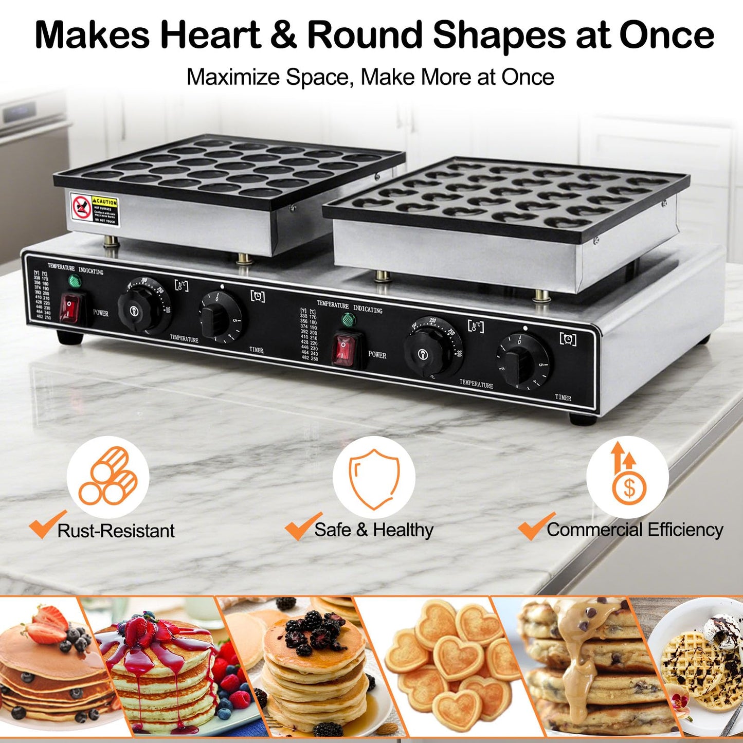 1800W Mini Pancake Maker 50Pcs Two-in-one Round-Shaped and Heart-Shaped Electric Dutch Pancakes Maker Nonstick and Quick Heat-Up for Kitchen Restaurant Breakfast Dessert