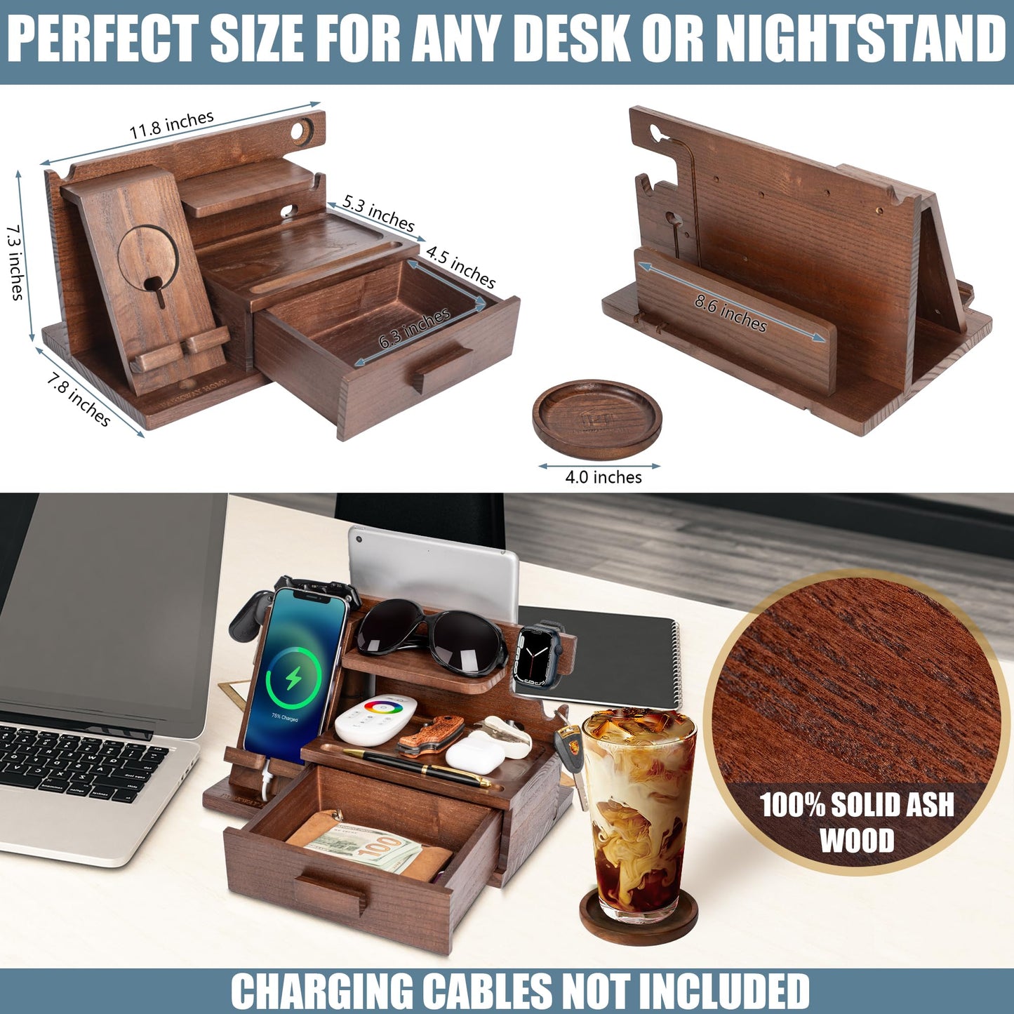 Parkway Home Wood Phone Docking Station with Drawer, Compatible with Apple Watch - Wood Charging Station Organizer Stand, Bedside Nightstand Organizer for Men, Holds Phone, Tablet, Keys, Glasses, EDC