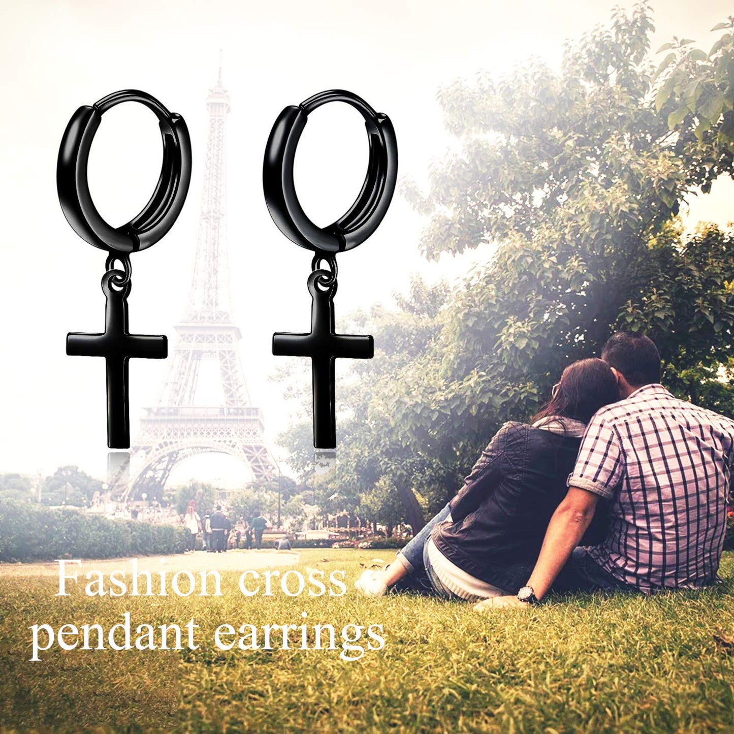 Sterling Silver Black Cross Earrings Hanging Clip On Cross Hoop Earrings Religious Christian Baptism Jewelry Gifts for Men Women