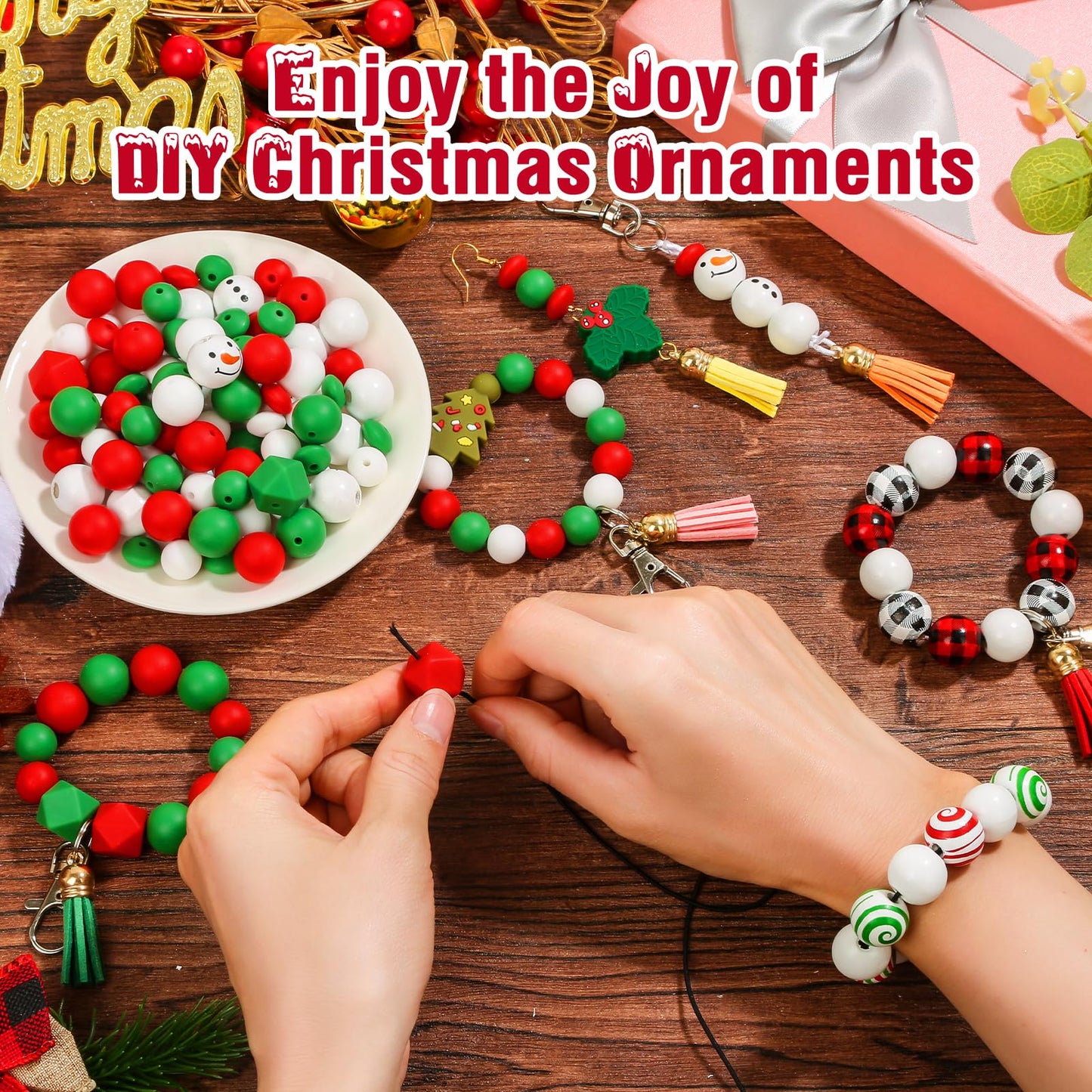 Lucomb 217 PCS Christmas Silicone Beads Bulk 15mm Silicone Beads Xmas Christmas Wooden Beads C y Cane Wood Beads Loose Rubber Beads Abacus Focal Beads Keychain Necklace Making Pens Crafts Ornament