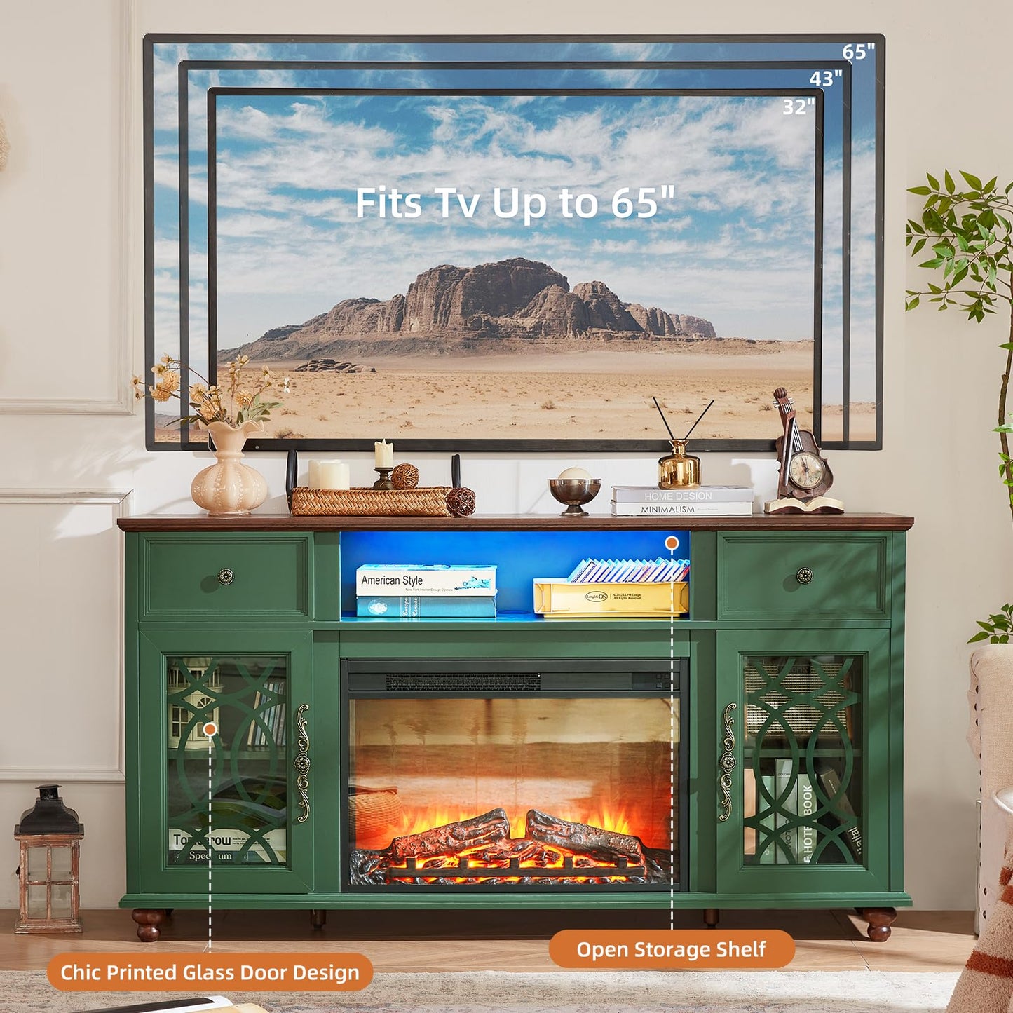 Joaxswe Farmhouse Fireplace TV Stand, 59" Entertainment Center with Electric Fireplace & LED Lights for TVs up to 65'', Glass Door Fire Place TV Stands for Living Room, Media Console w/Drawers,Green