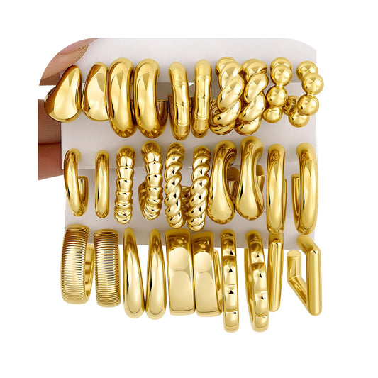 36 Pairs Gold Hoop Earrings Set for Women Multipack, Hypoallergenic Chunky Chain Twisted Hoop Earrings Pack, Fashion Dangle Earrings Jewelry for Gift (C-15Pairs Gold)