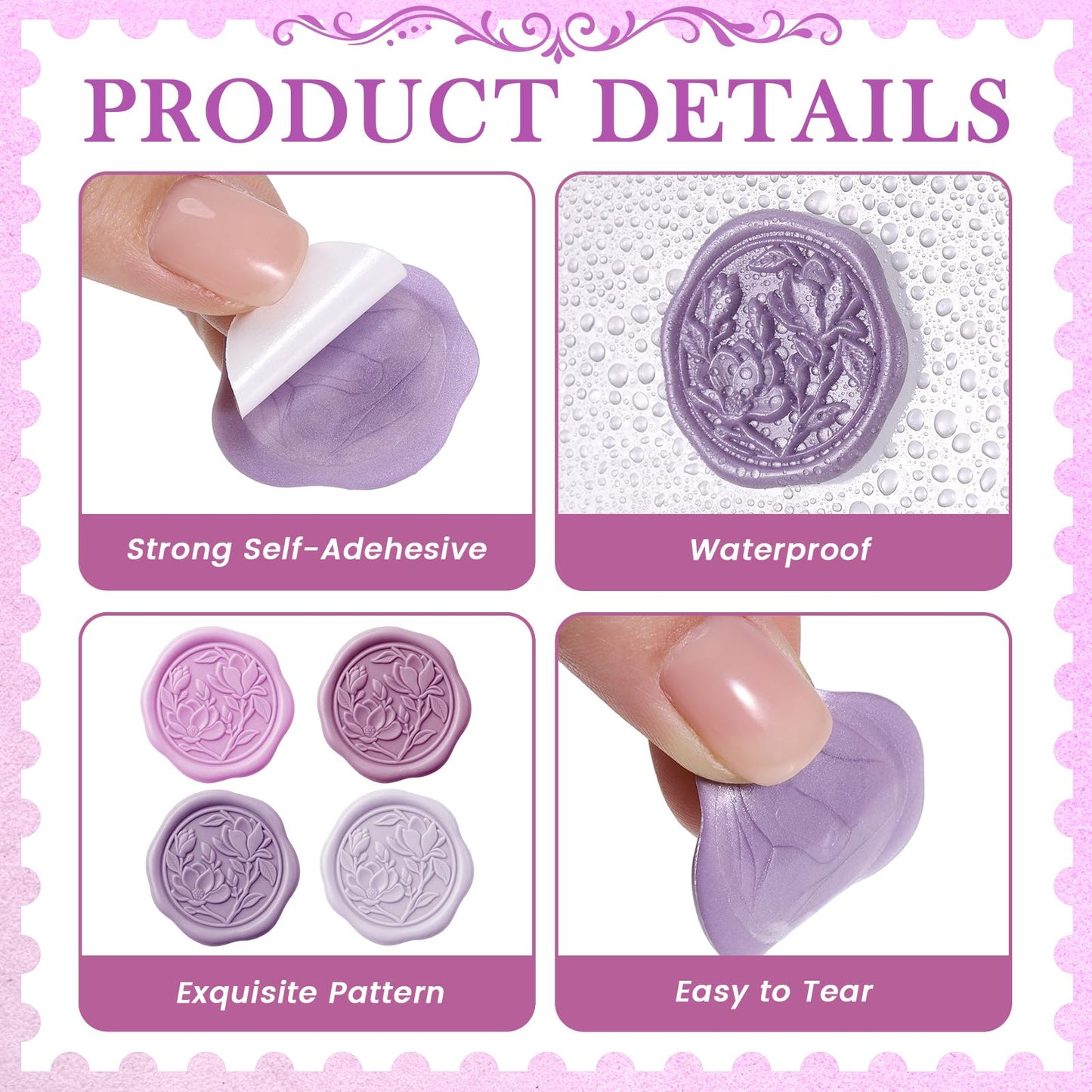 Jaloro 60 Pcs Wax Seal Stickers Magnolia Envelope Seals Wedding Botanical Wax Stickers for Wedding Engagement Baby Shower Party Favor Invitations Scrapbooking Mother's Day Gift Wrap(Purple Series)