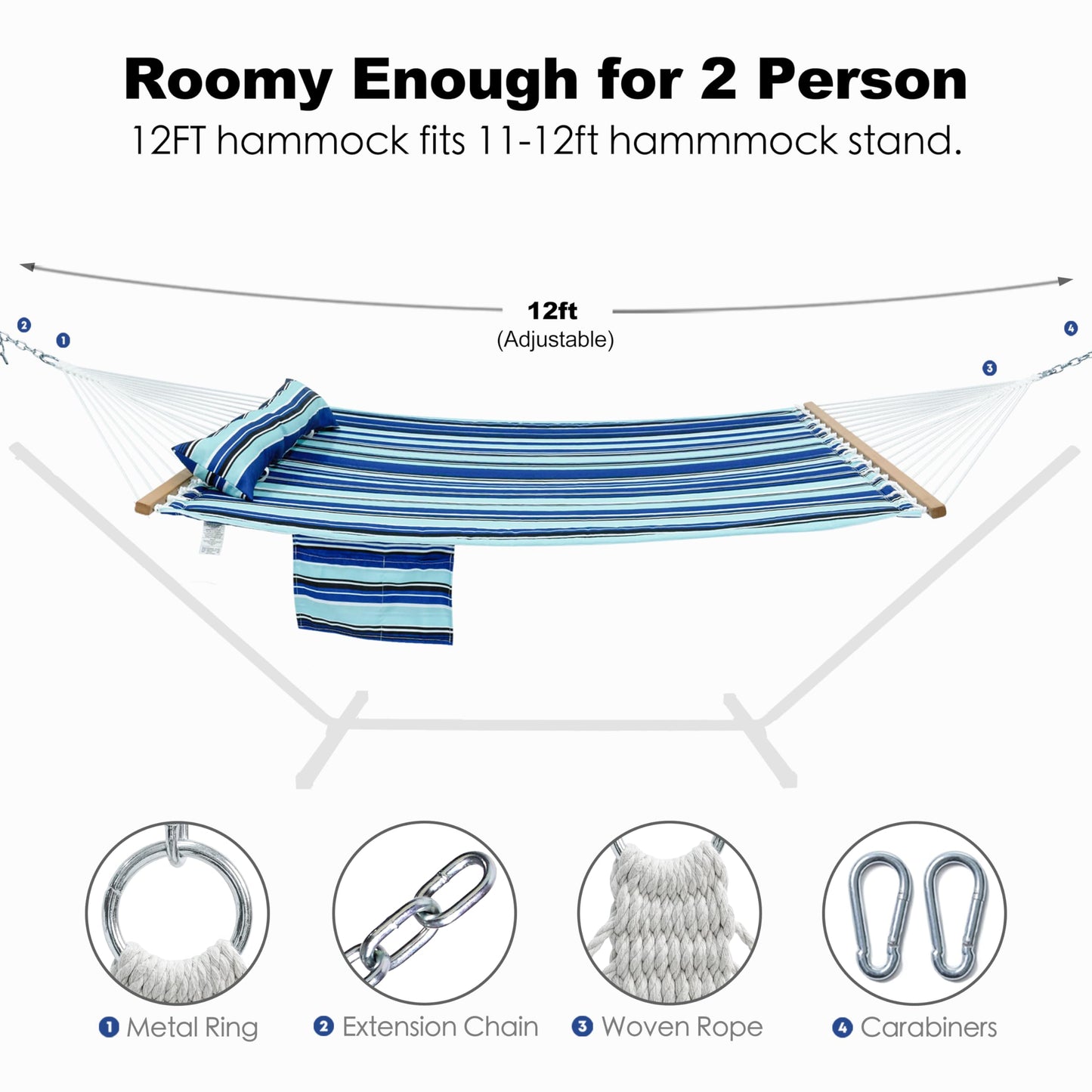 GAFETE Hammock 2 Person Quilted Fabric Hammocks for Outside, Double 12ft Hammocks with Spreader Bar, Large Removable Pillow, Storage Bag, Carabiners, Max 475 lbs Capacity (Catalina Beach)