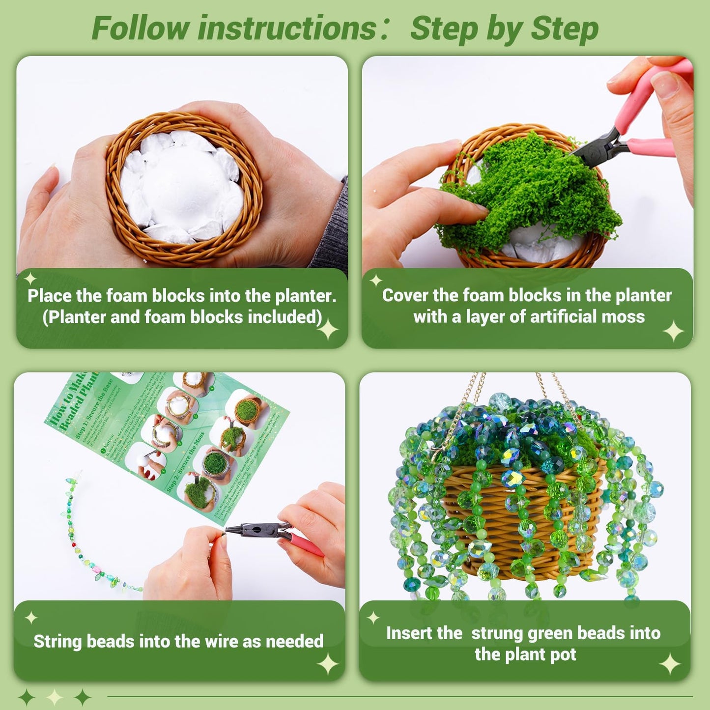 Wurosi 853 PCS Green Beaded Plant Kit with Rattan Basket, Green Beads for Beaded Plants with Hanging Chain and Video Manual, Forever Plant Beaded Making Kit for Jewelry Making and DIY Crafts