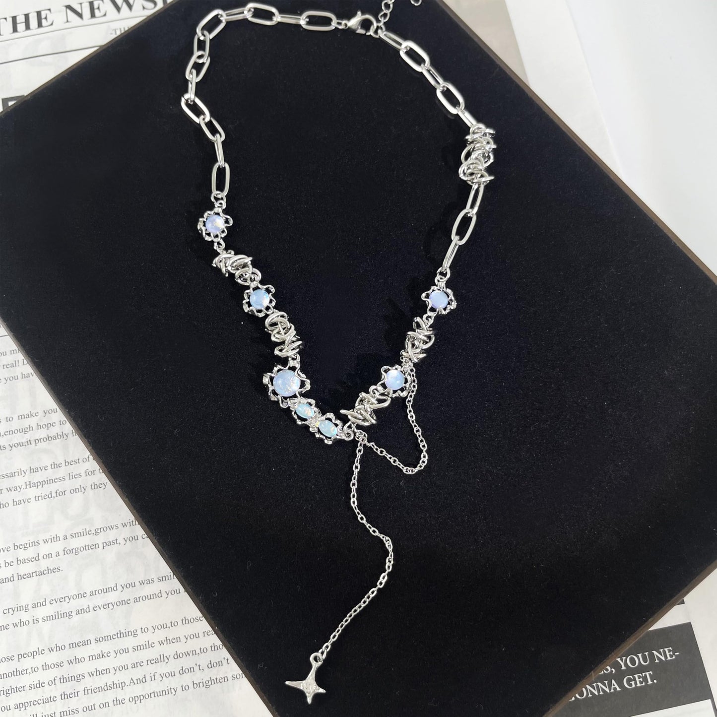 Buyongwant Irregular necklace for Women Y2k chain Moonstone Cat Eye Stone Star Fashion Asymmetric tassel pendant Silver Jewelry