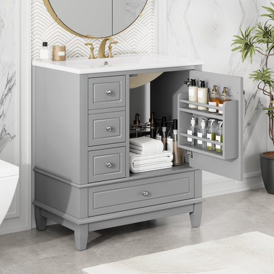 30" Bathroom Vanities with Ceramic Sink, Multi-Functional Modern Wood Storage Cabinet Organizer Door Shelf, Left Side Drawers, Soft-Closing Door, Gray