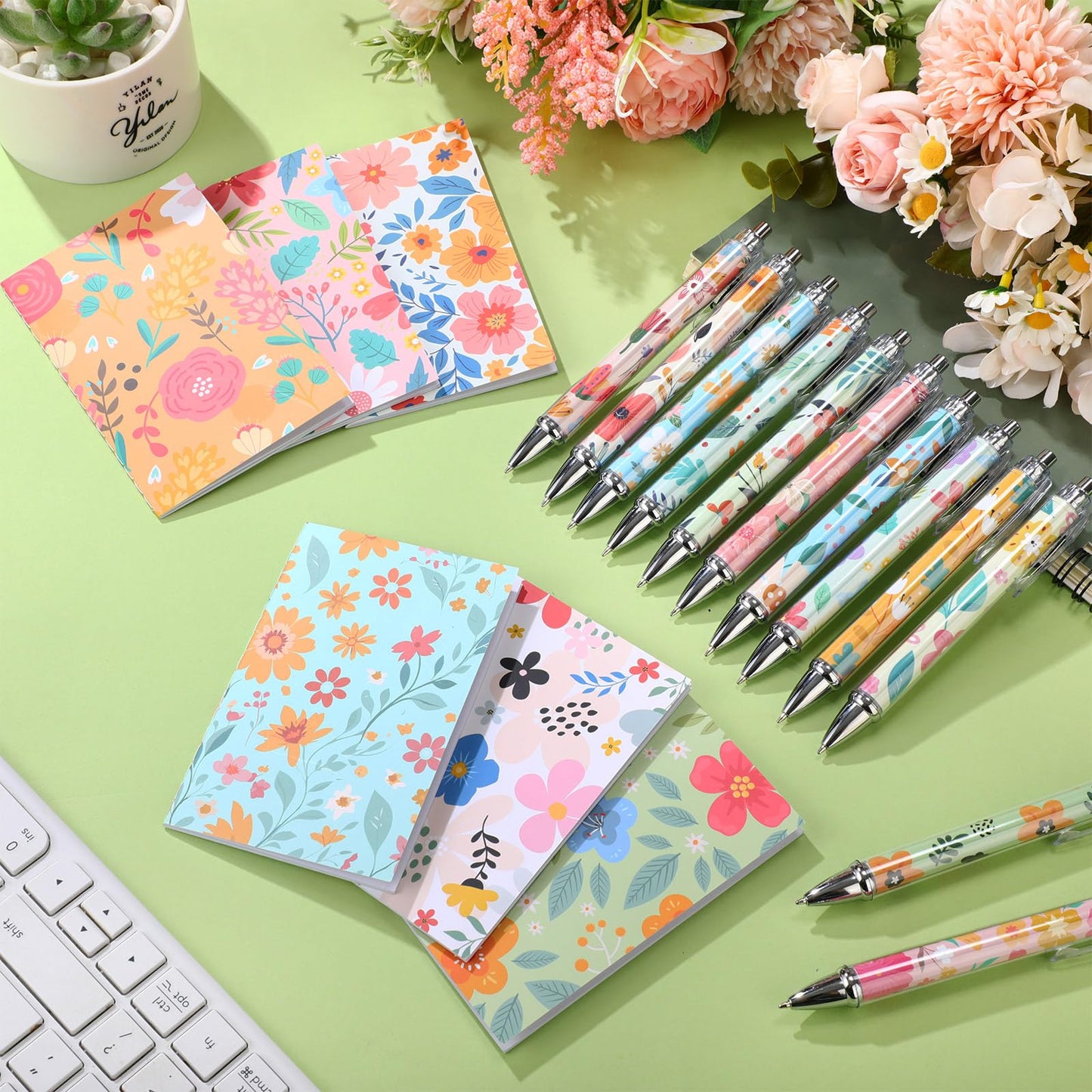 Motiskyy 24 Pcs Floral Pens Flower Ballpoint Pens Flower Notepads Set Design Line Notebook Employee Gifts Set for Student School Office Supplies, Back to School Gift(Cute)