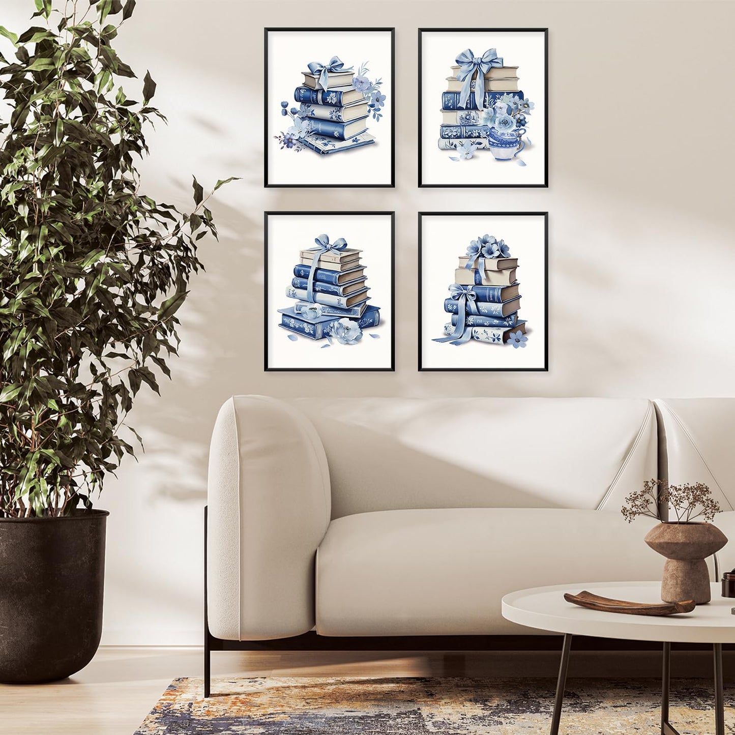 Locomiss Blue and White Floral Bow Book Chinoiserie Wall Art Decor Posters, Blue Bow Book Flower Bookish Girly Wall Art Decor For Bedroom Dorm Living Room Classroom Library, Set of 4 (8x10 Unframed)