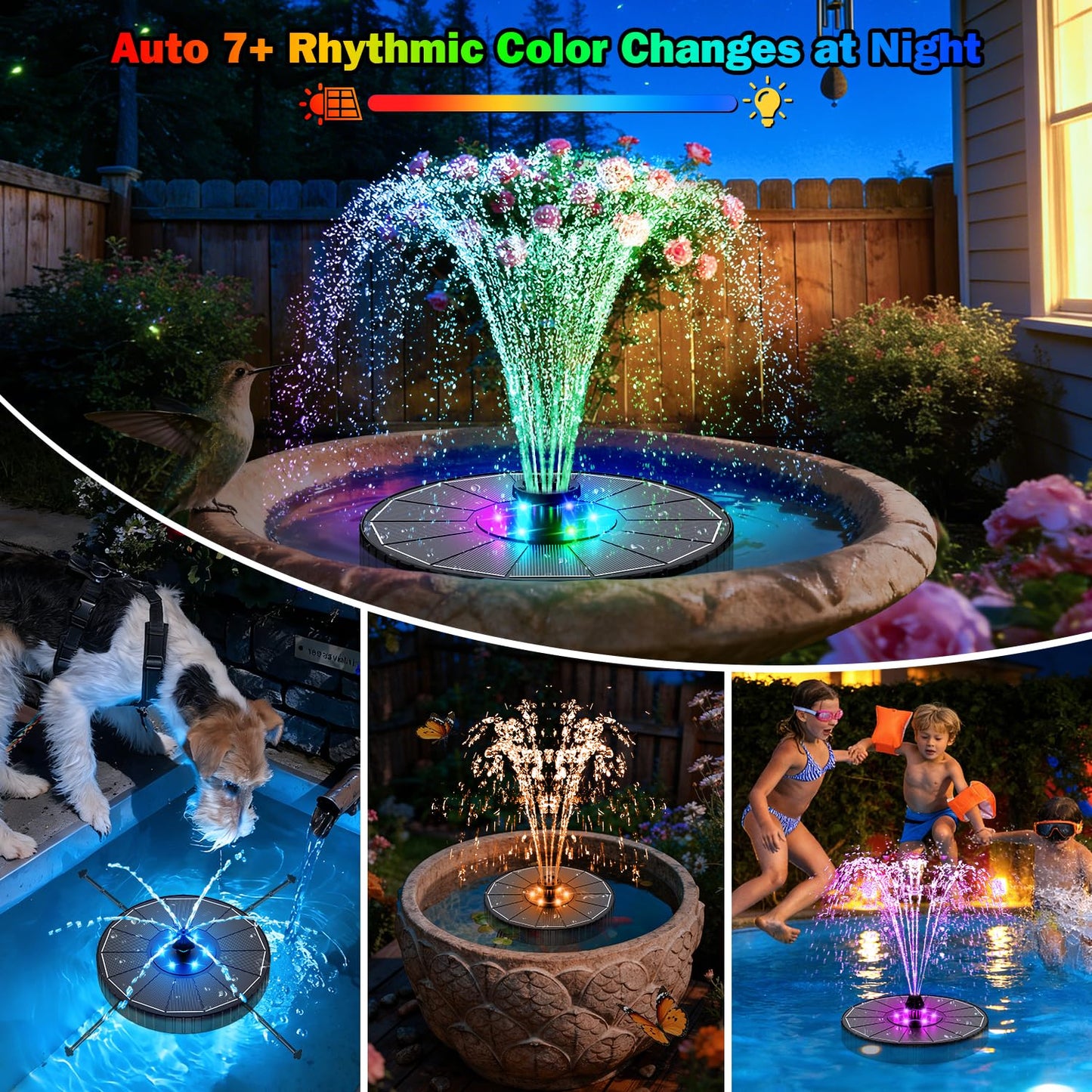 SZMP 3.5W Glass Solar Fountain with Swivel-Out Fixed Rods, Solar Bird Bath Fountains with LED Lights and 2000mAh Battery, 7 Nozzles, Outdoor Solar Water Fountain Pump for Garden, Pool, Pond (Black)